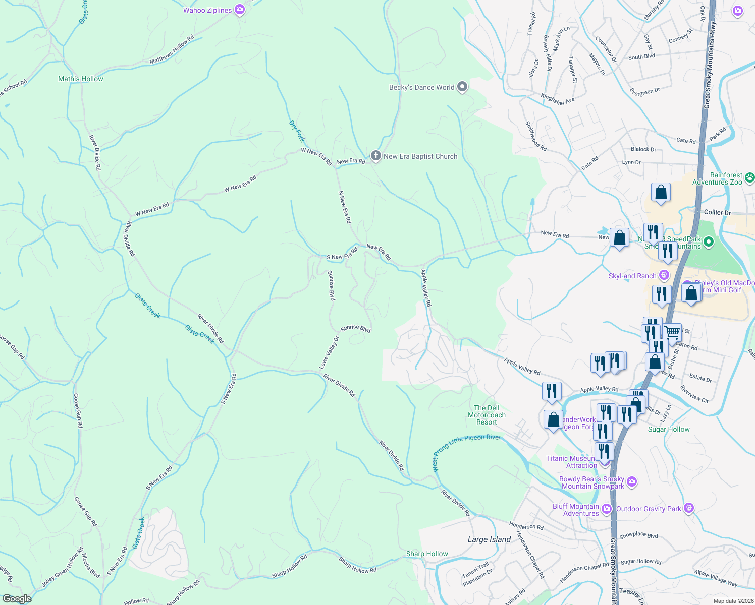 map of restaurants, bars, coffee shops, grocery stores, and more near 1618 Paradise Ridge Drive in Sevierville