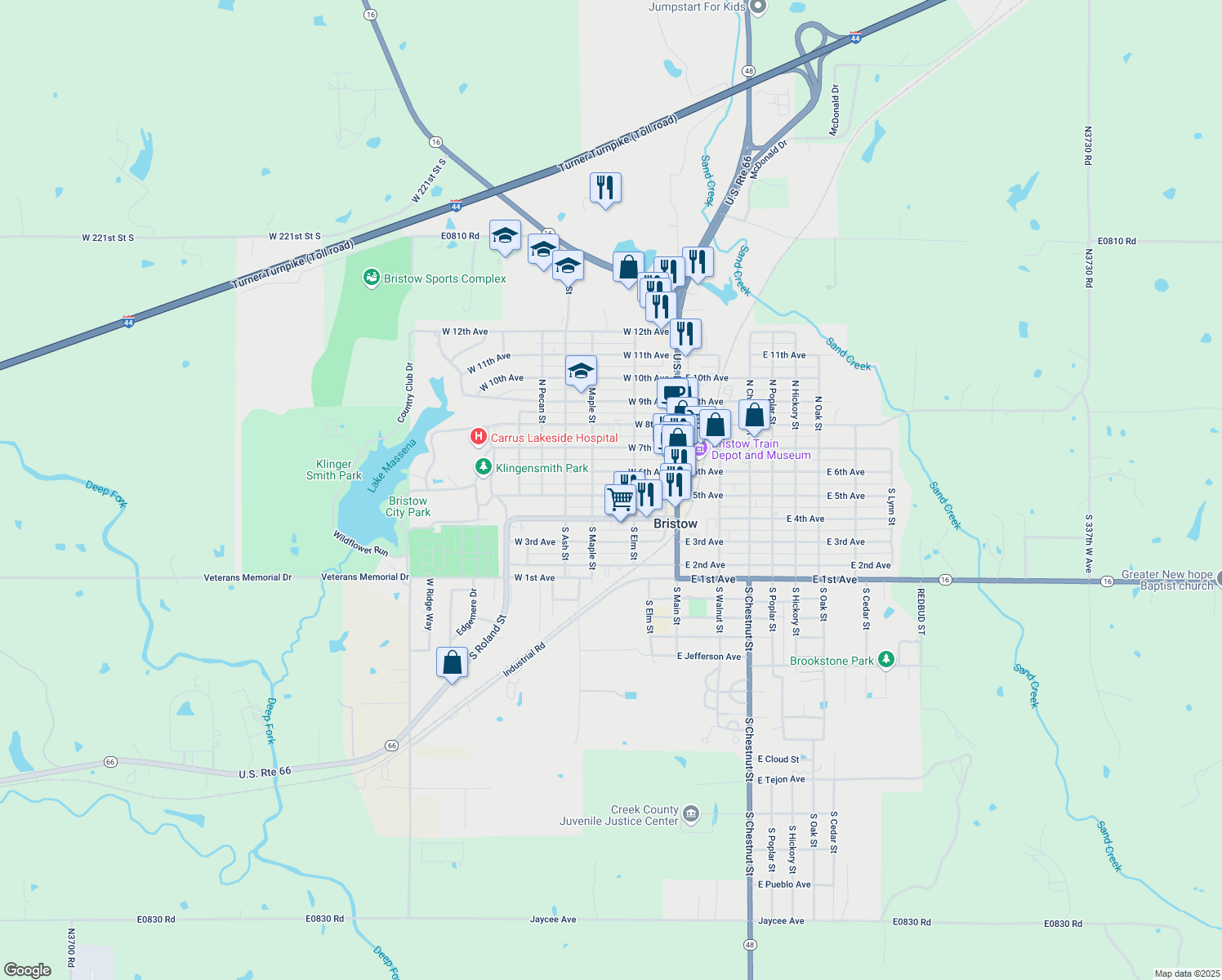 map of restaurants, bars, coffee shops, grocery stores, and more near 223 West 5th Avenue in Bristow