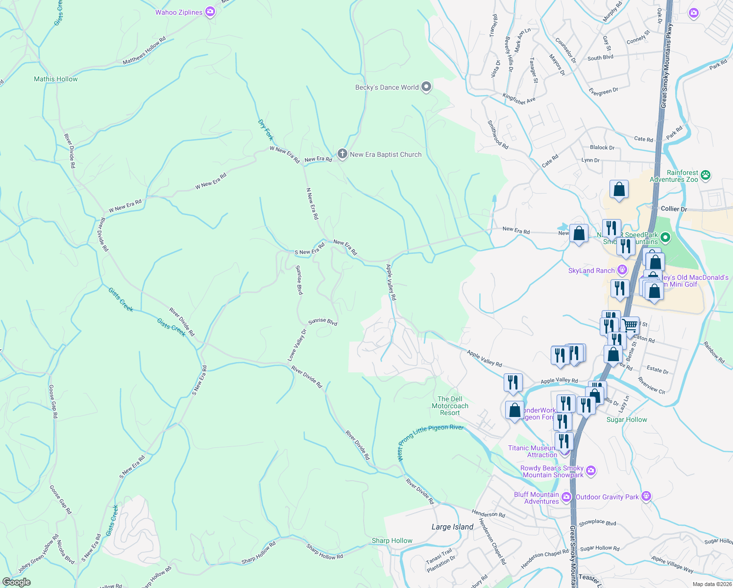 map of restaurants, bars, coffee shops, grocery stores, and more near 1629 Paradise Ridge Drive in Sevierville