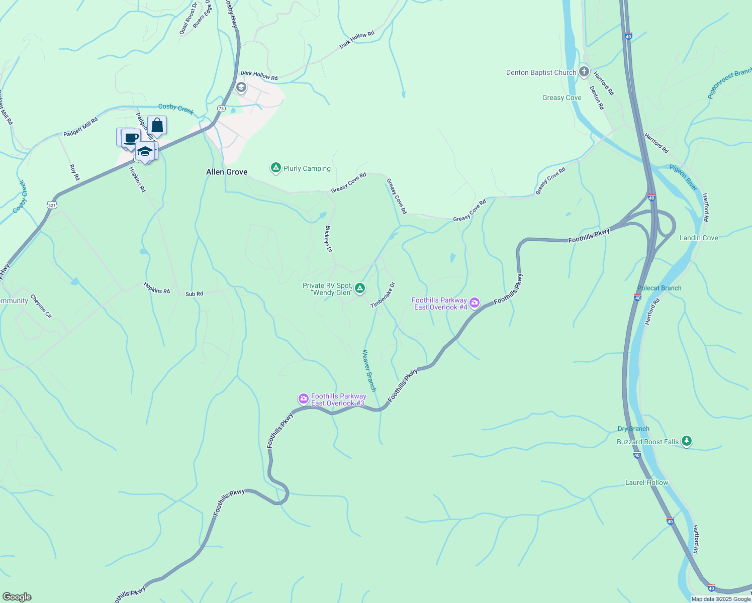 map of restaurants, bars, coffee shops, grocery stores, and more near 2658 Timberlake Drive in Cosby