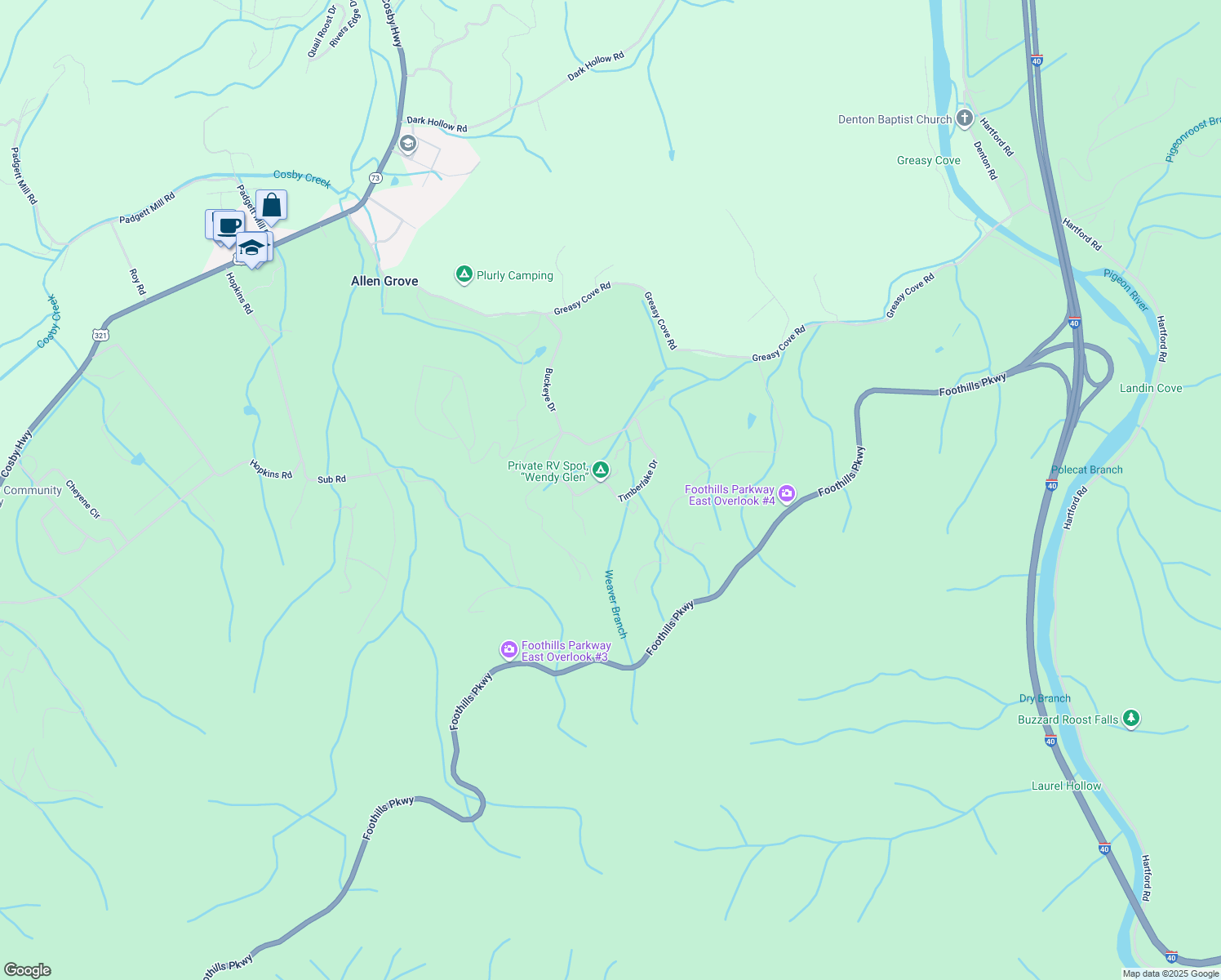 map of restaurants, bars, coffee shops, grocery stores, and more near 2658 Timberlake Drive in Cosby