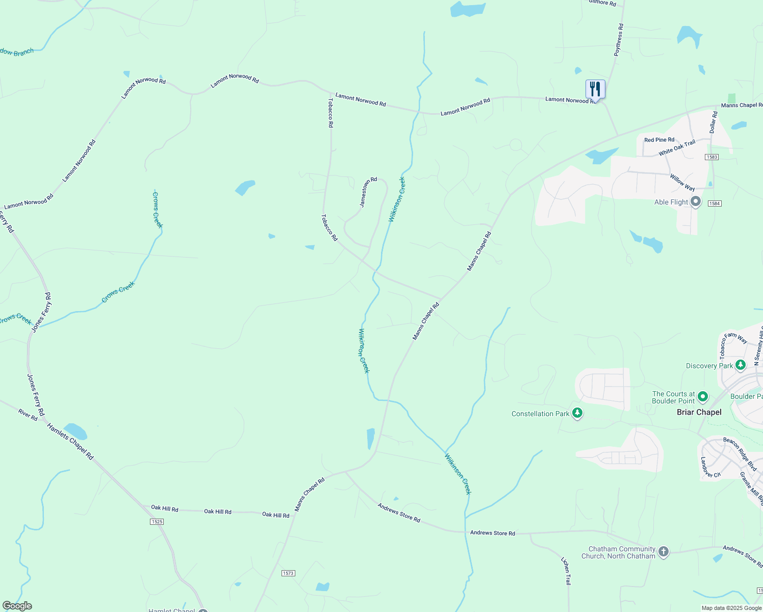 map of restaurants, bars, coffee shops, grocery stores, and more near 72 Romie Court in Pittsboro
