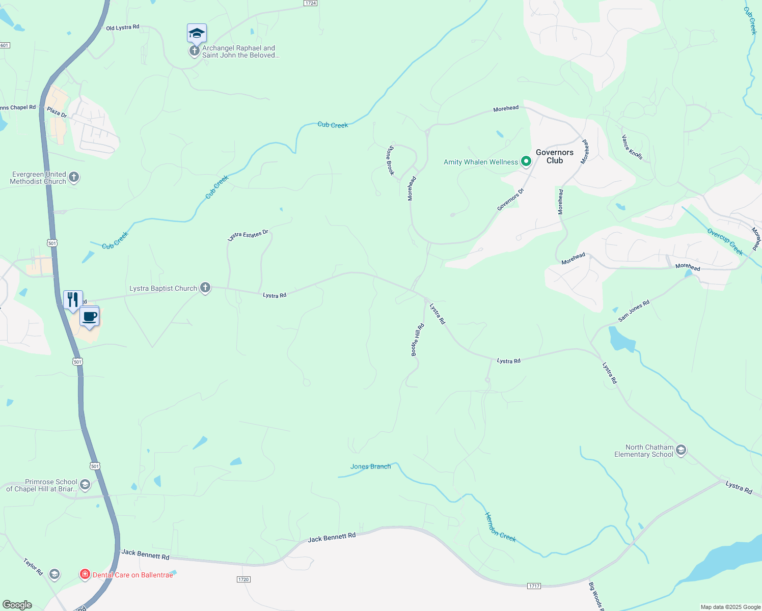 map of restaurants, bars, coffee shops, grocery stores, and more near 105 Jones Branch Road in Chapel Hill