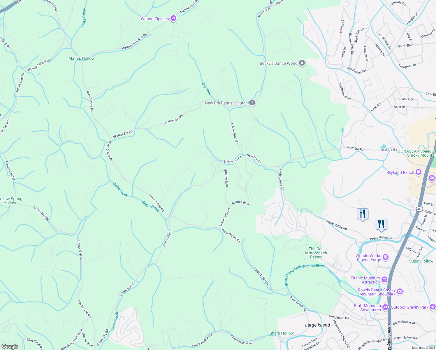 map of restaurants, bars, coffee shops, grocery stores, and more near 831 South New Era Road in Pigeon Forge