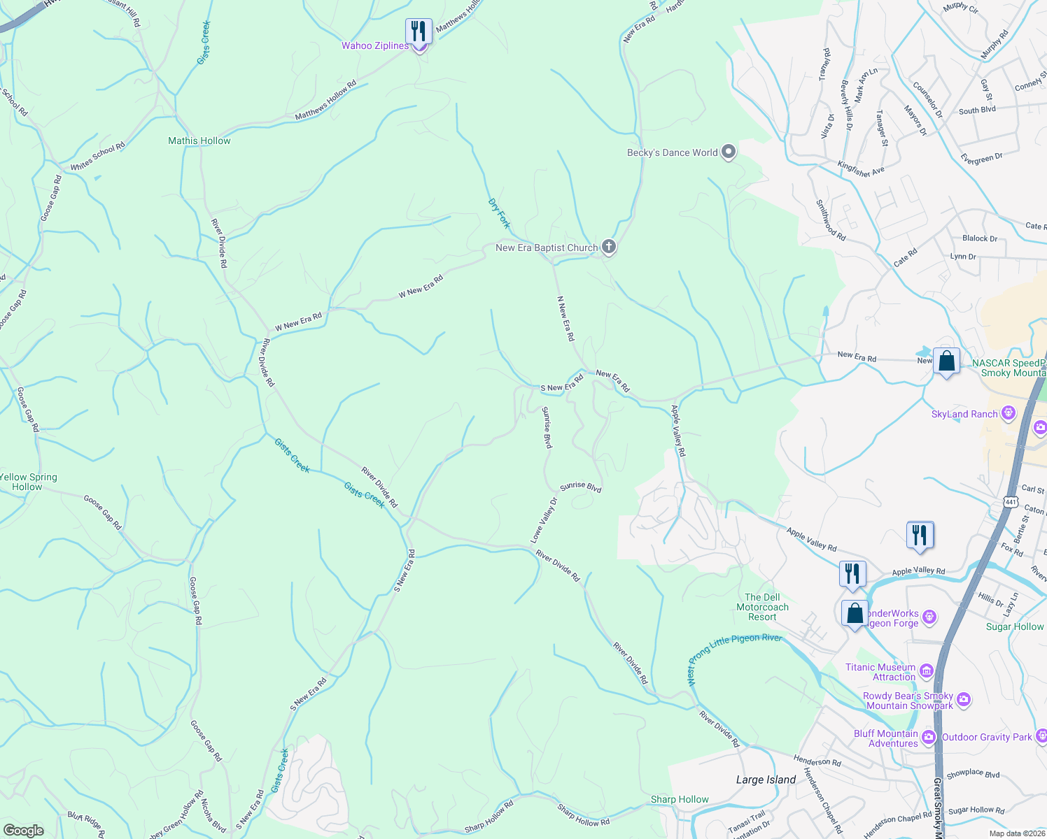 map of restaurants, bars, coffee shops, grocery stores, and more near 831 South New Era Road in Pigeon Forge