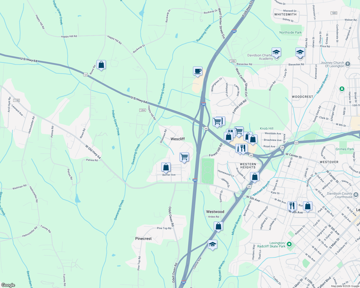 map of restaurants, bars, coffee shops, grocery stores, and more near 136 Chickasaw Road in Lexington