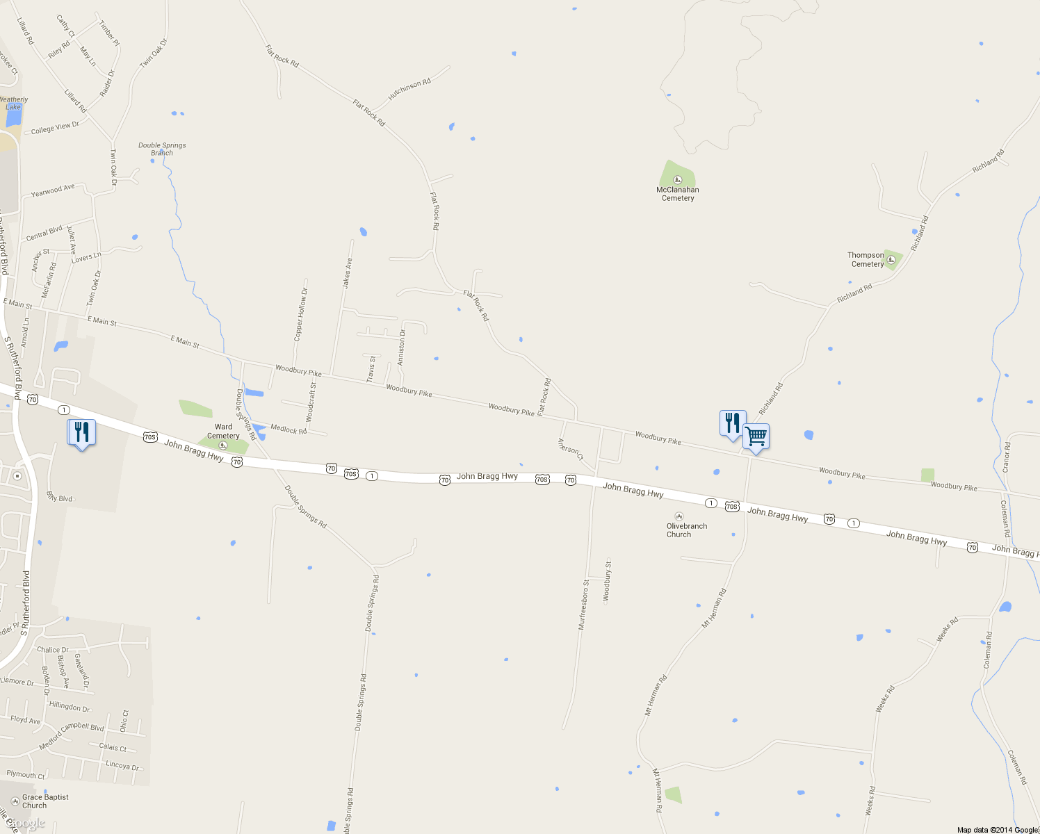 map of restaurants, bars, coffee shops, grocery stores, and more near 3920 Woodbury Pike in Murfreesboro