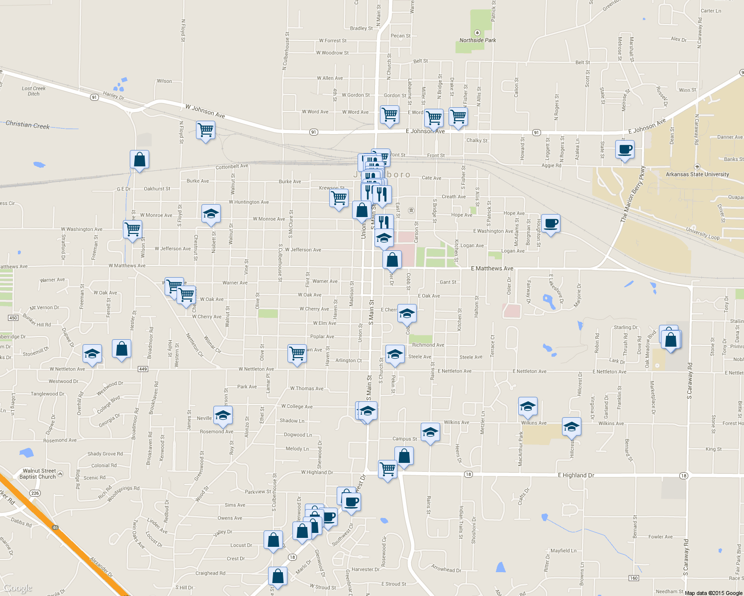 map of restaurants, bars, coffee shops, grocery stores, and more near South Main Street in Jonesboro