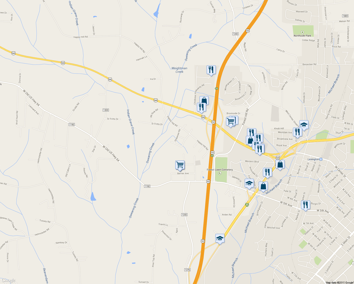 map of restaurants, bars, coffee shops, grocery stores, and more near 316 Iroquois Trail in Lexington