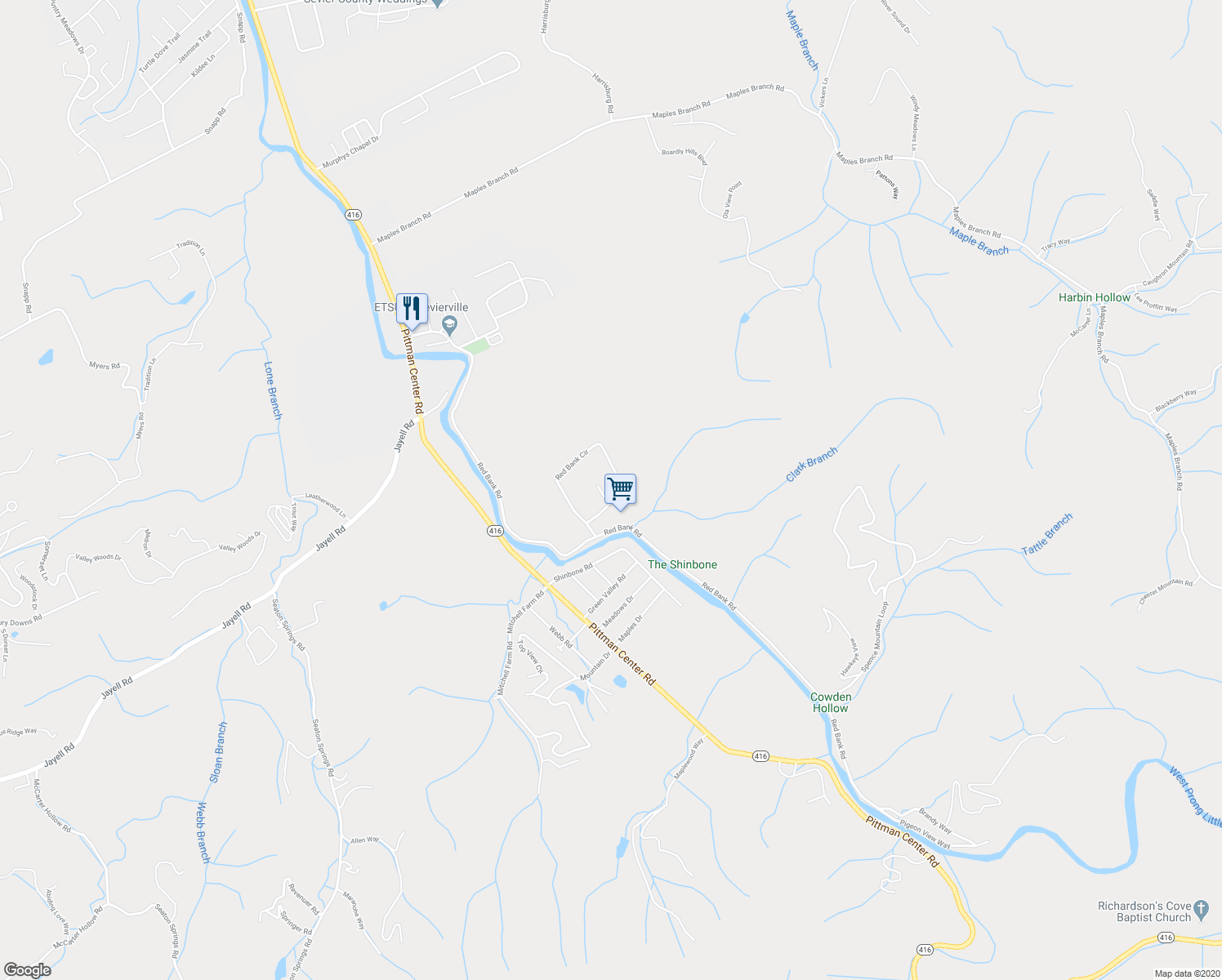 map of restaurants, bars, coffee shops, grocery stores, and more near 2120 Red Bank Circle in Sevierville