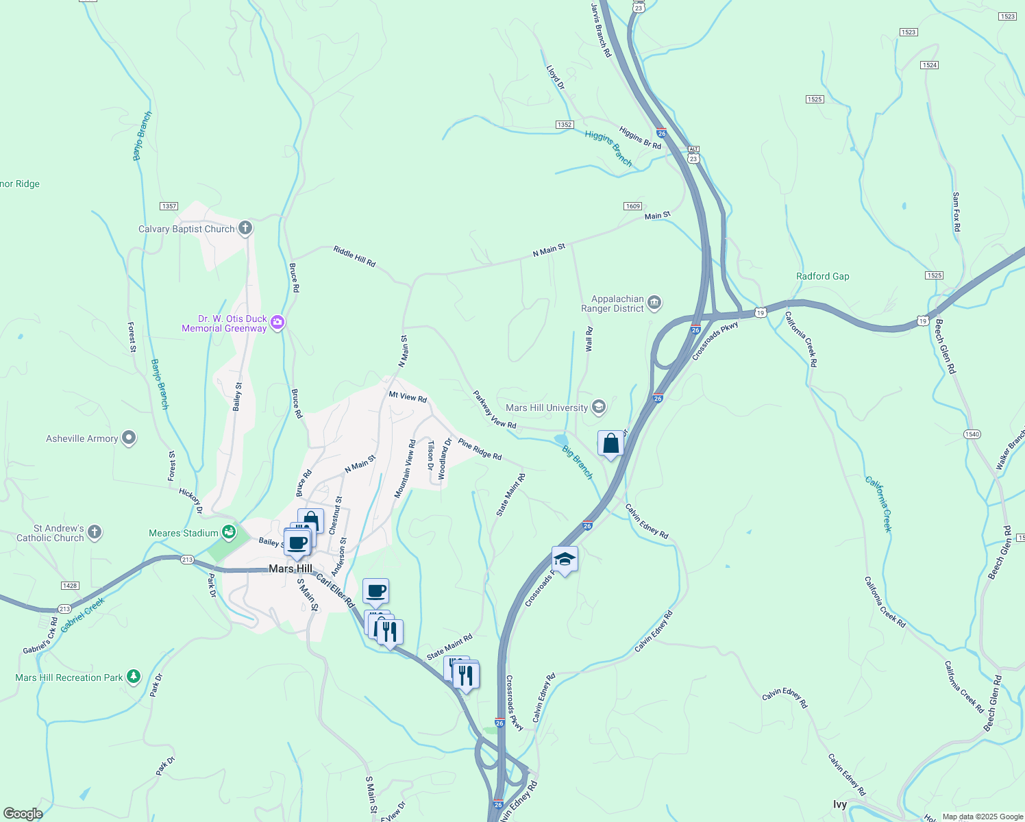 map of restaurants, bars, coffee shops, grocery stores, and more near 491 Parkway View Road in Mars Hill