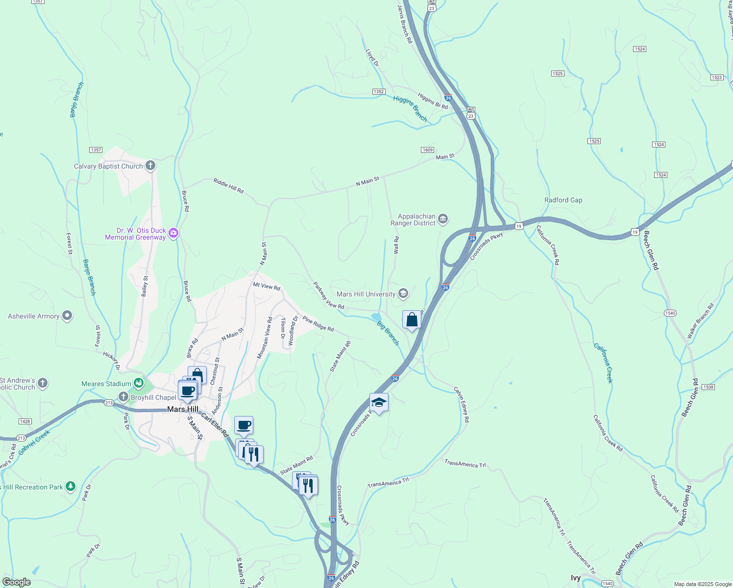 map of restaurants, bars, coffee shops, grocery stores, and more near 751 Parkway View Road in Mars Hill
