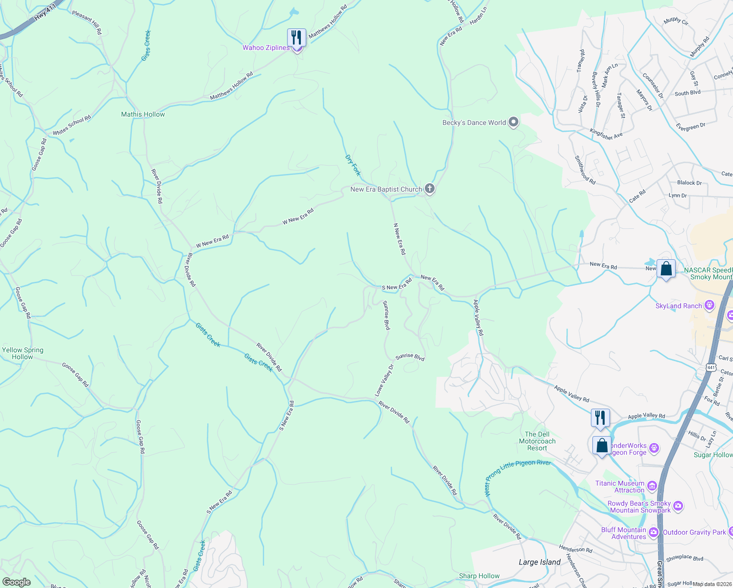 map of restaurants, bars, coffee shops, grocery stores, and more near 807 South New Era Road in Sevierville