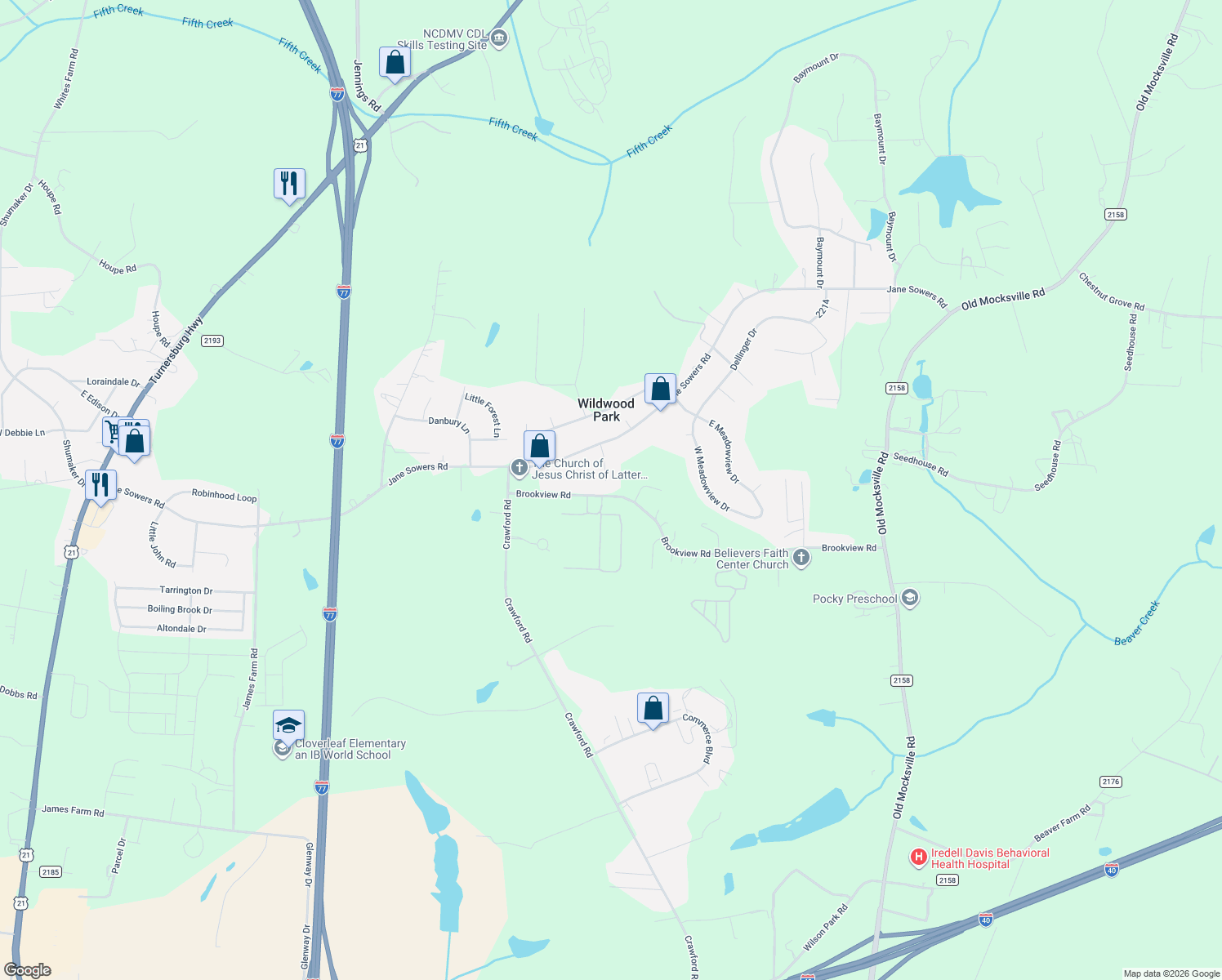 map of restaurants, bars, coffee shops, grocery stores, and more near 131 Greenmeadow Lane in Statesville