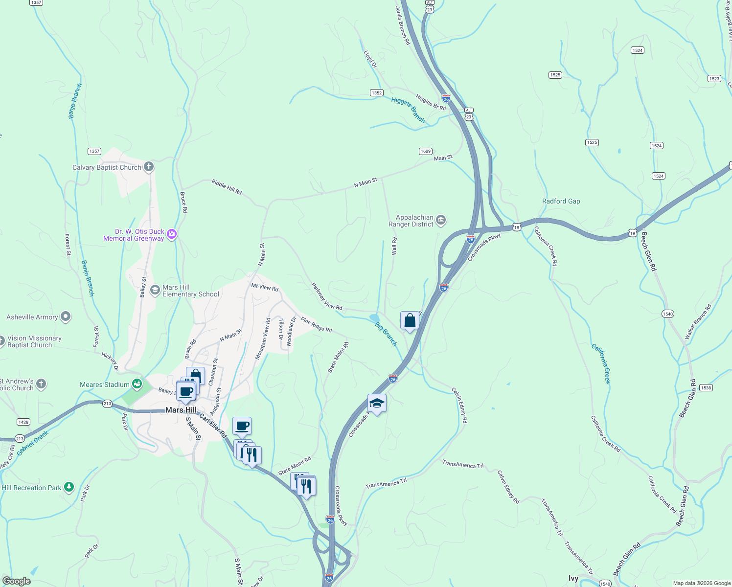 map of restaurants, bars, coffee shops, grocery stores, and more near 751 Parkway View Road in Mars Hill