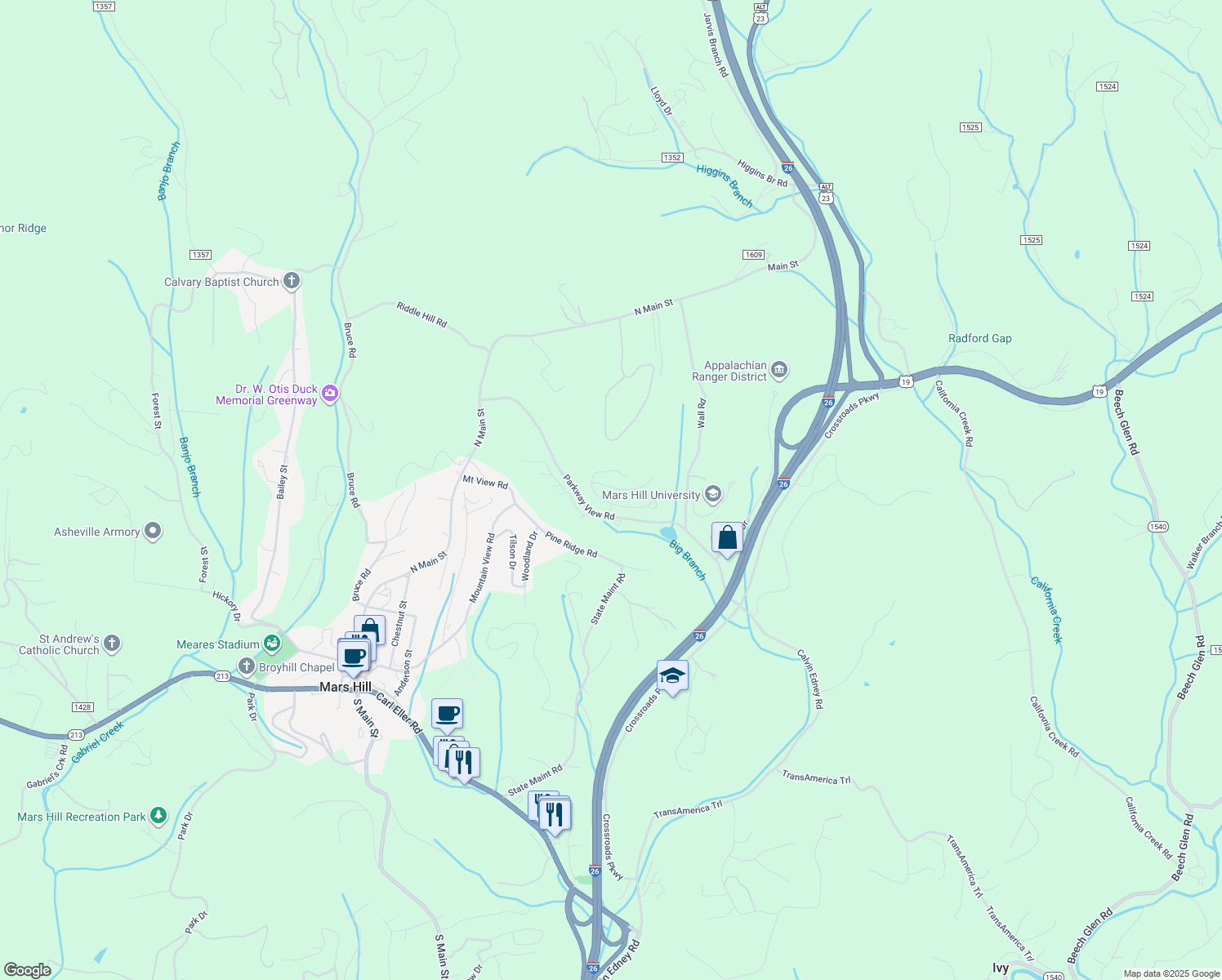 map of restaurants, bars, coffee shops, grocery stores, and more near 491 Parkway View Road in Mars Hill