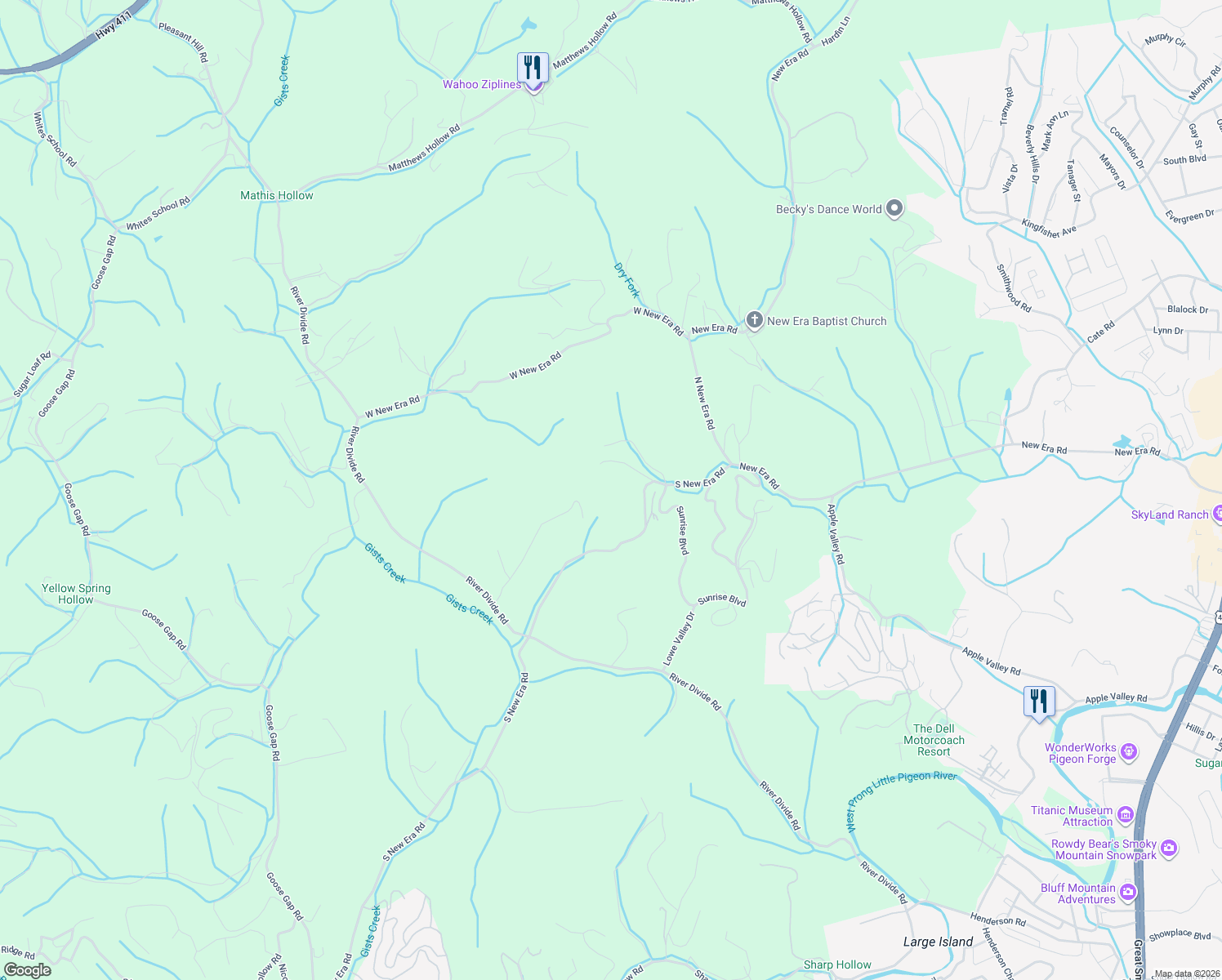 map of restaurants, bars, coffee shops, grocery stores, and more near 921 South New Era Road in Sevierville