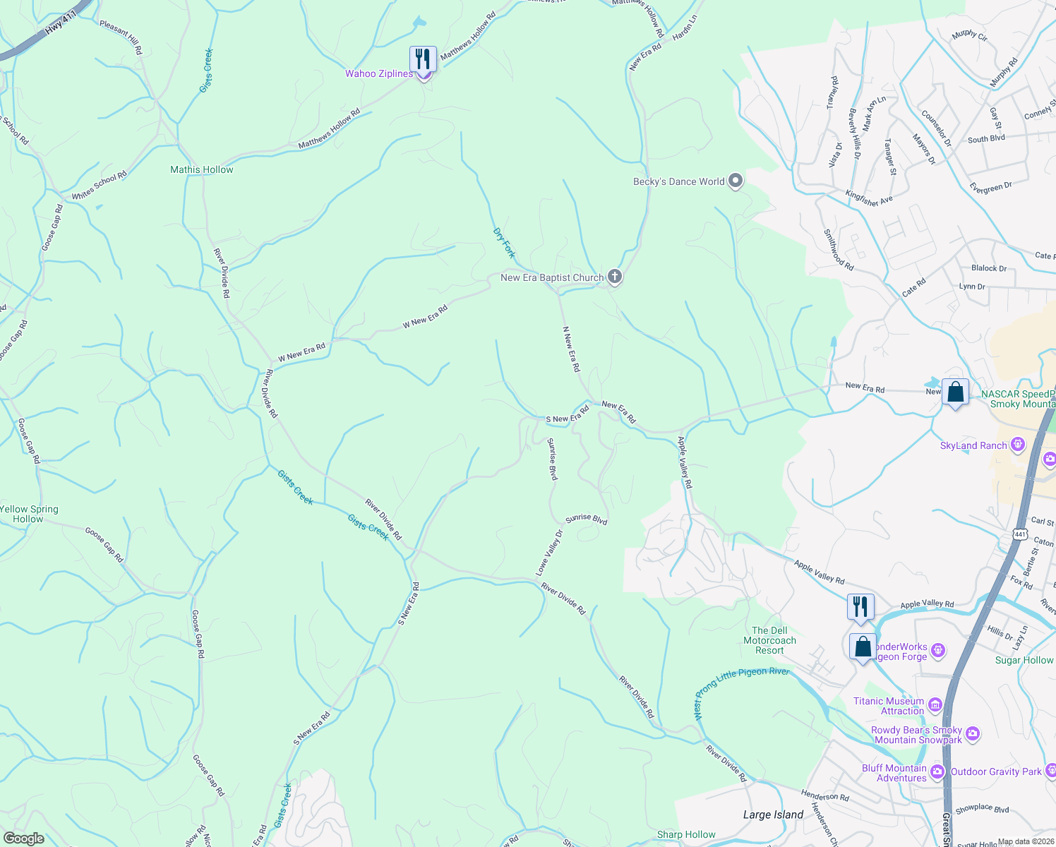 map of restaurants, bars, coffee shops, grocery stores, and more near 807 South New Era Road in Sevierville