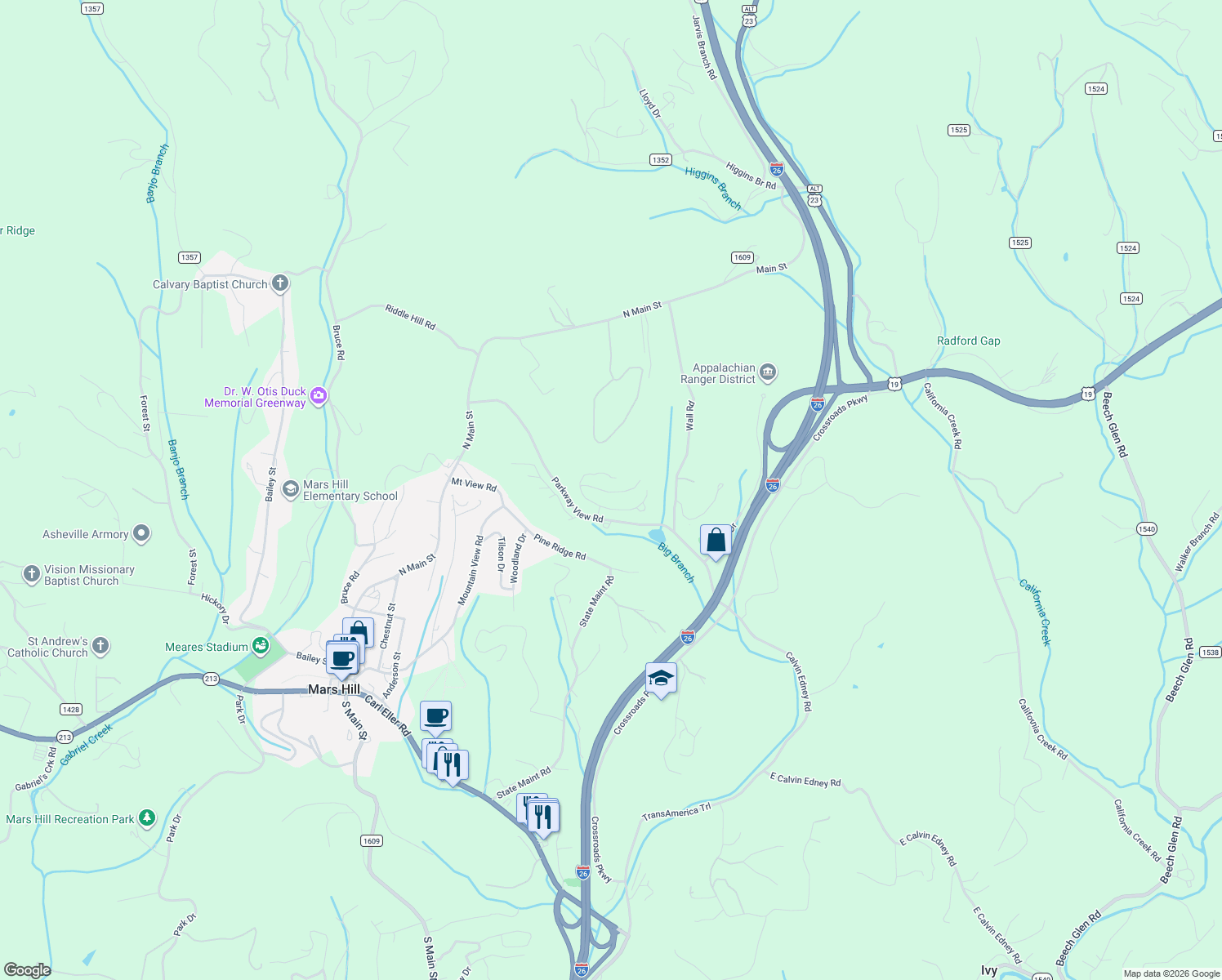 map of restaurants, bars, coffee shops, grocery stores, and more near 491 Parkway View Road in Mars Hill