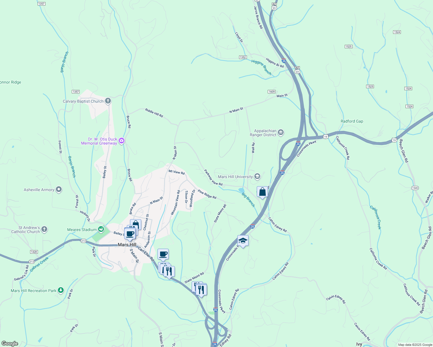 map of restaurants, bars, coffee shops, grocery stores, and more near 491 Parkway View Road in Mars Hill