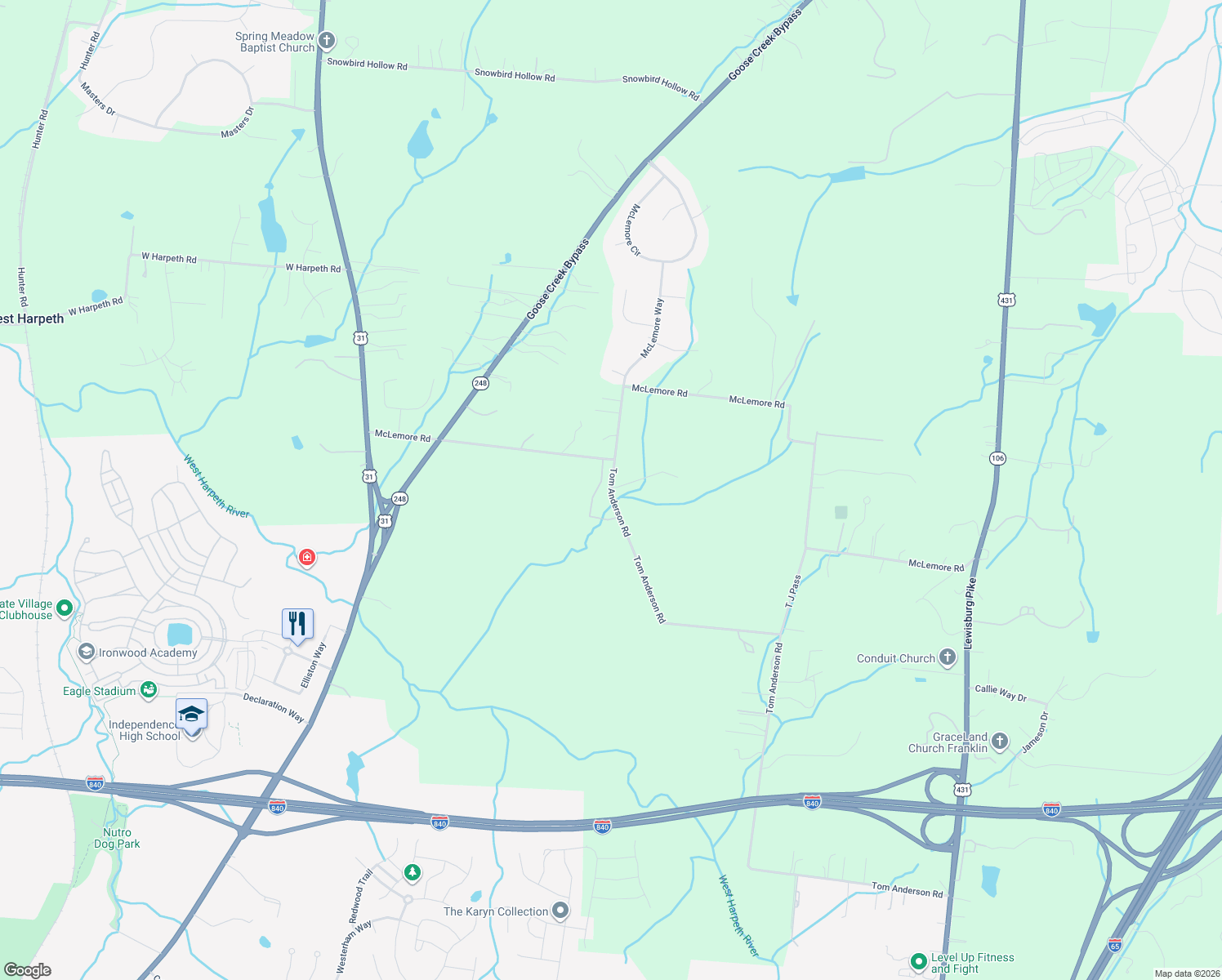 map of restaurants, bars, coffee shops, grocery stores, and more near 2688 Tom Anderson Road in Franklin