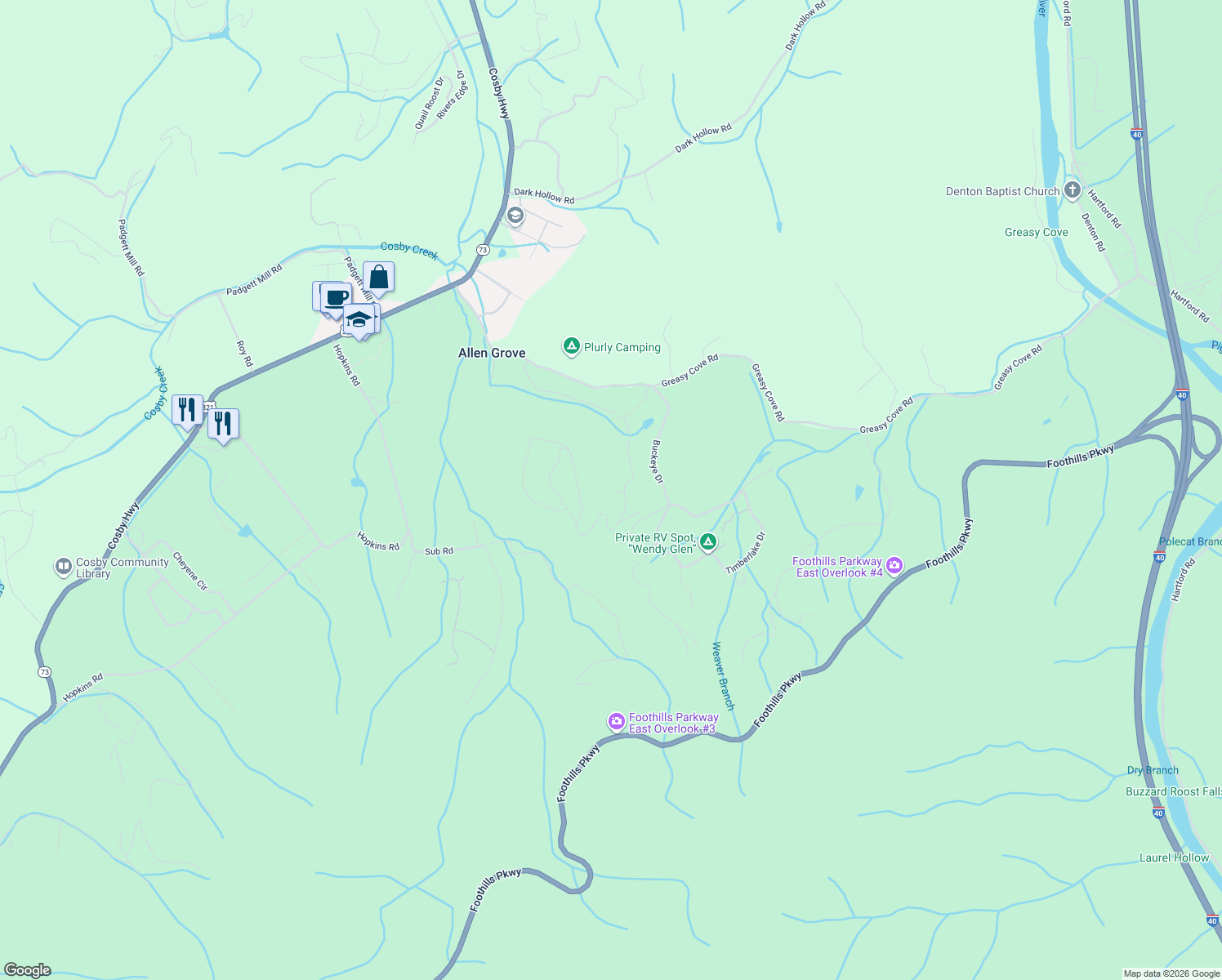 map of restaurants, bars, coffee shops, grocery stores, and more near 2605 Schisandra Lane in Cosby
