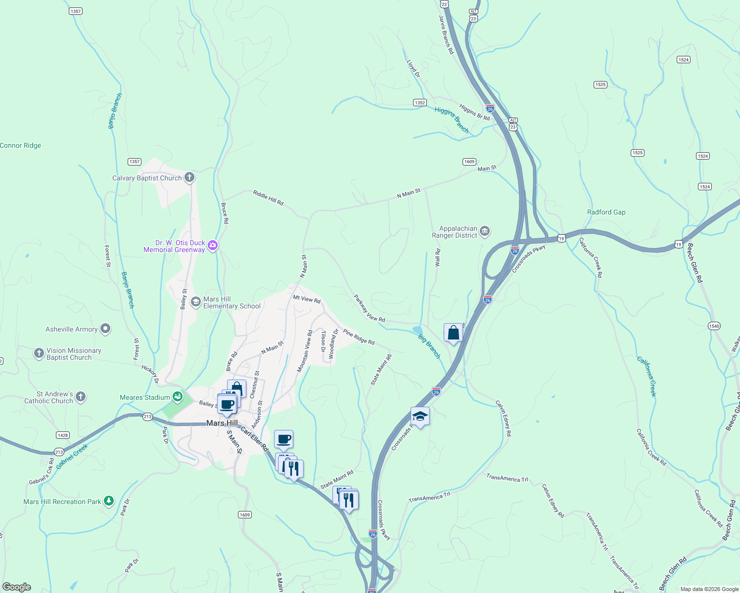 map of restaurants, bars, coffee shops, grocery stores, and more near 491 Parkway View Road in Mars Hill
