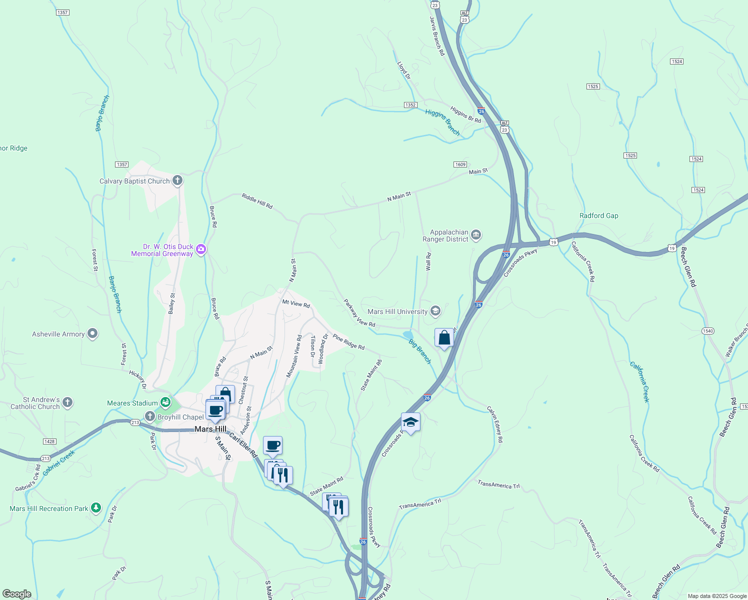 map of restaurants, bars, coffee shops, grocery stores, and more near 491 Parkway View Road in Mars Hill