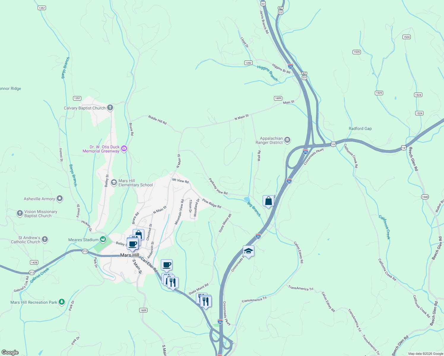map of restaurants, bars, coffee shops, grocery stores, and more near 491 Parkway View Road in Mars Hill