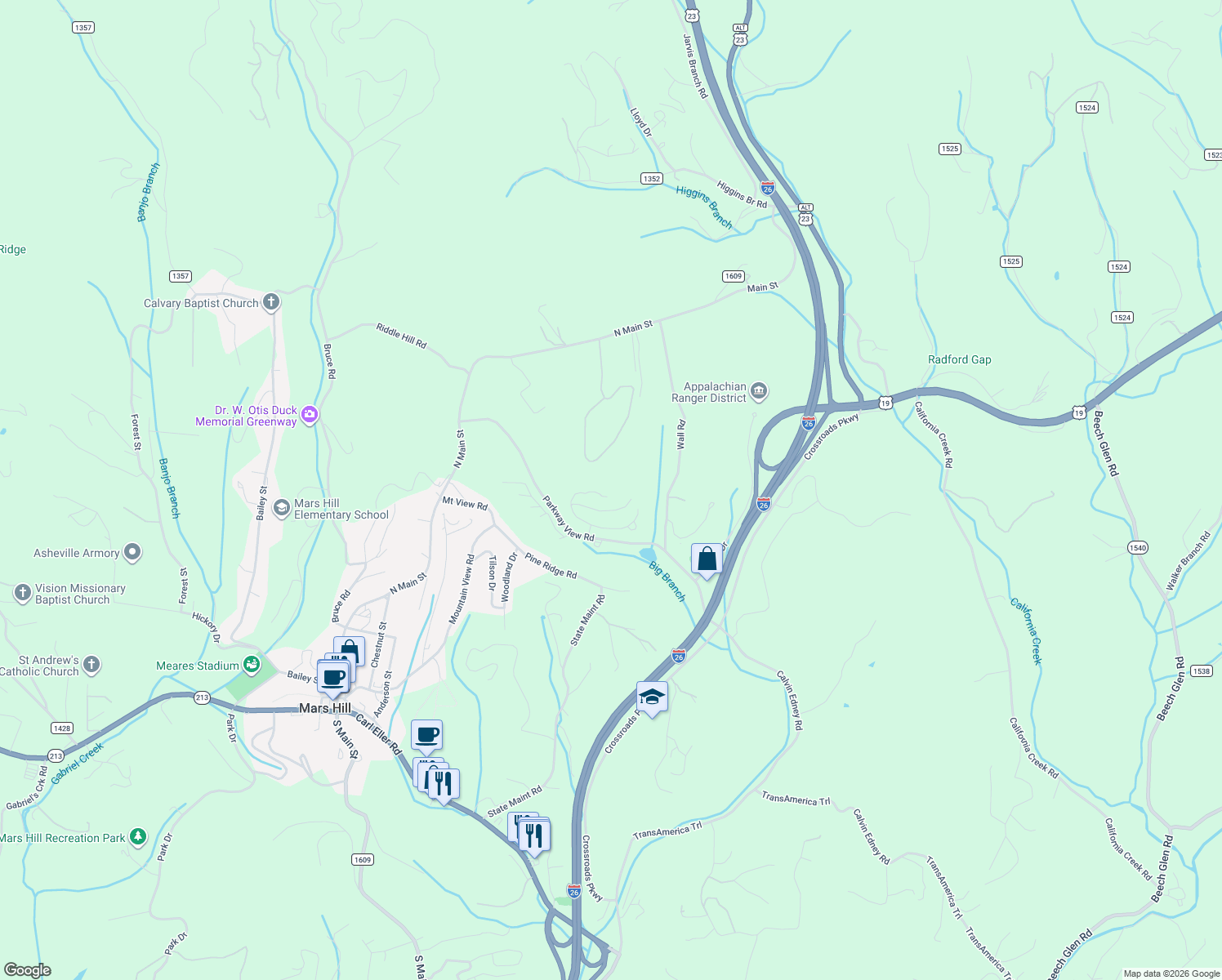 map of restaurants, bars, coffee shops, grocery stores, and more near 535 Oak Lane in Mars Hill