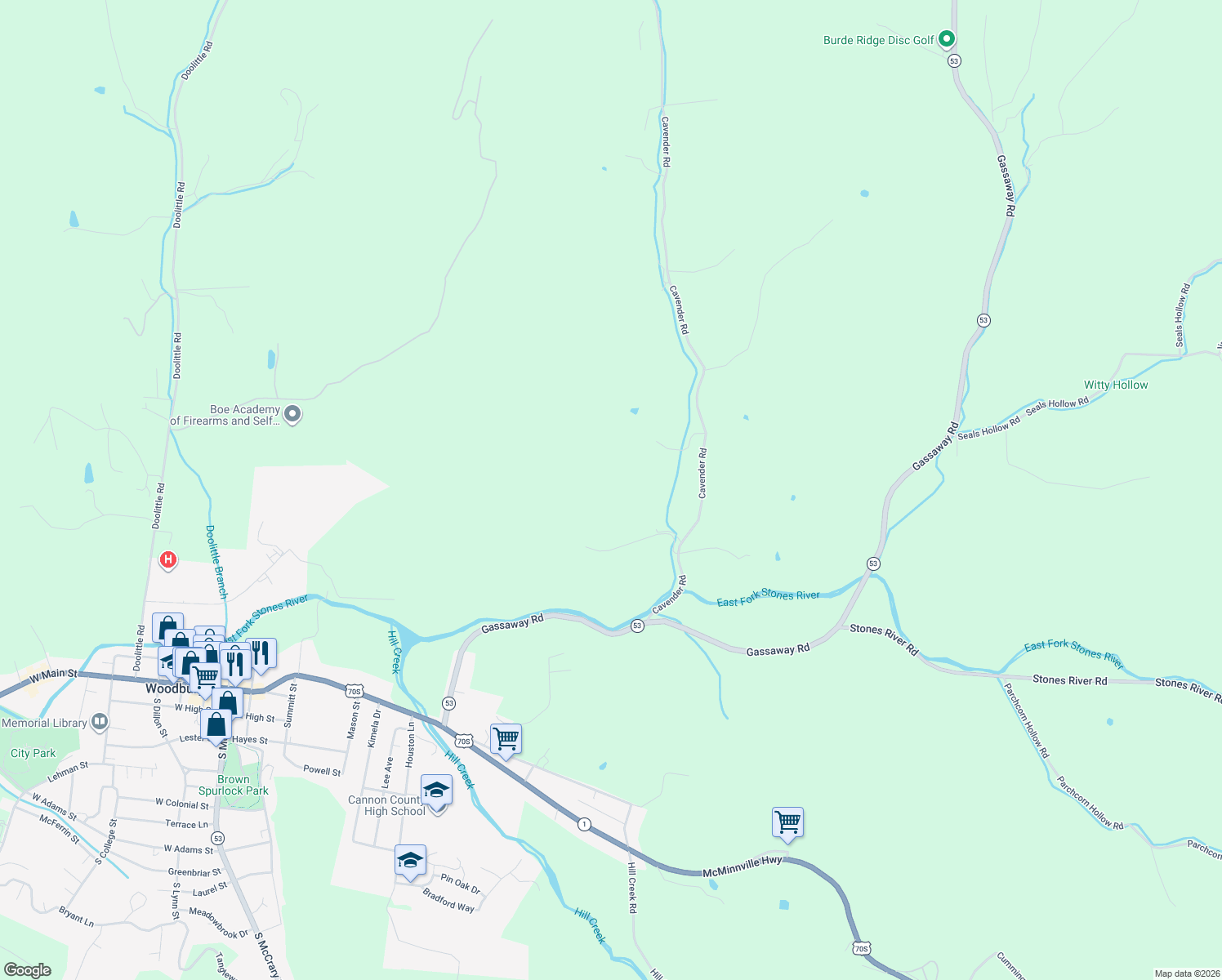 map of restaurants, bars, coffee shops, grocery stores, and more near 329 Cavender Road in Woodbury