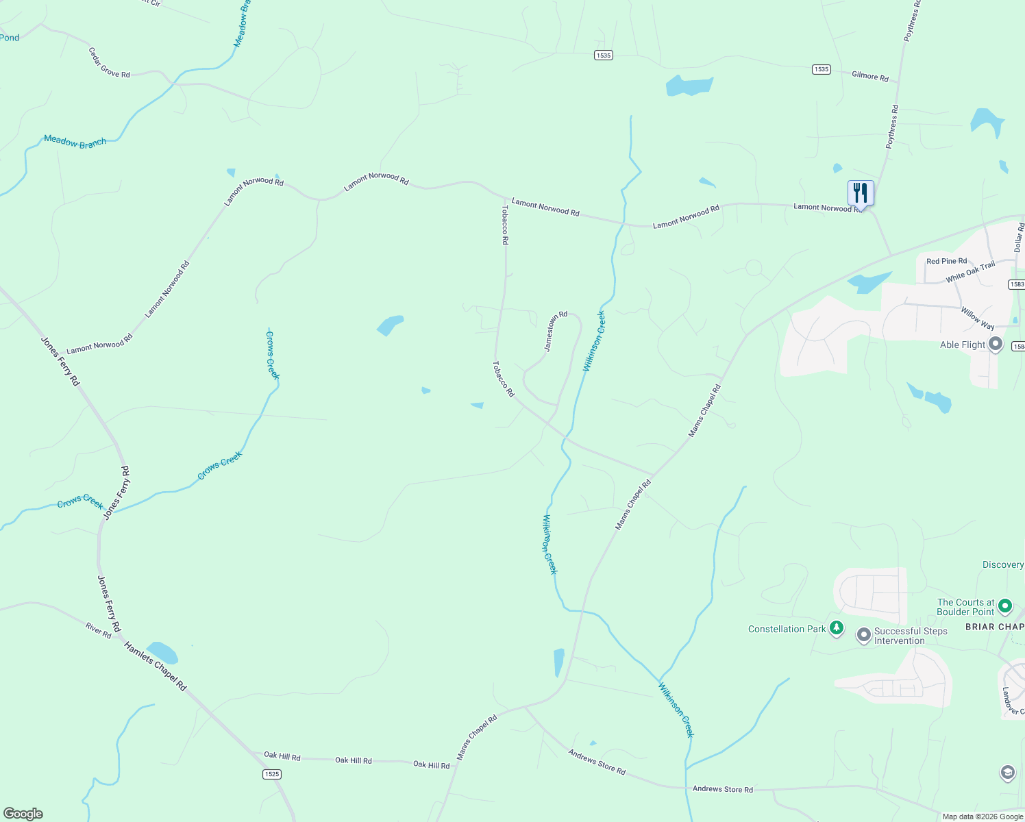 map of restaurants, bars, coffee shops, grocery stores, and more near 28 Chelsea Way in Pittsboro