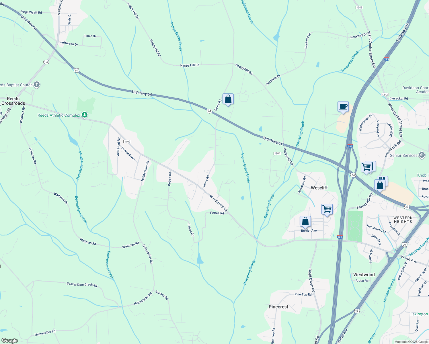 map of restaurants, bars, coffee shops, grocery stores, and more near 298 Rowe Road in Lexington