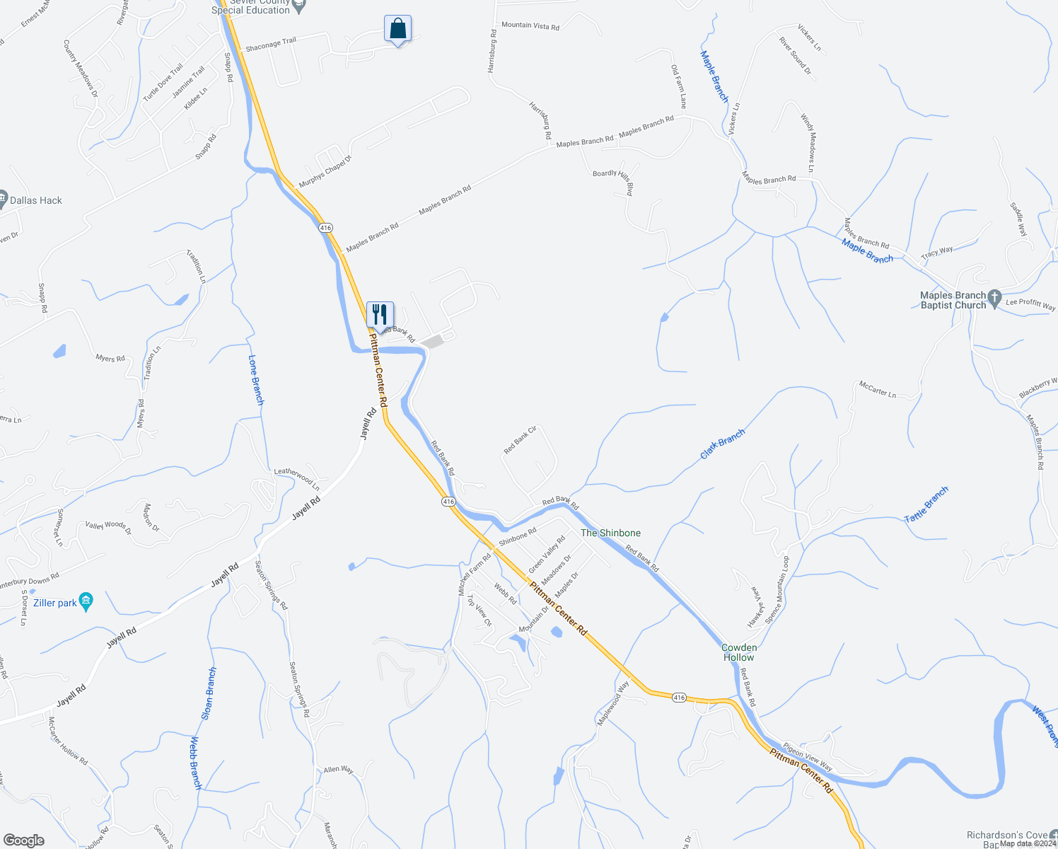 map of restaurants, bars, coffee shops, grocery stores, and more near 2157 Red Bank Road in Sevierville