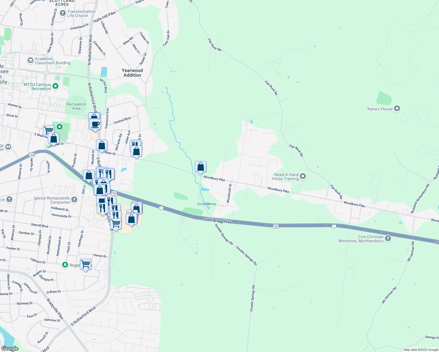 map of restaurants, bars, coffee shops, grocery stores, and more near 3403 Woodbury Pike in Murfreesboro