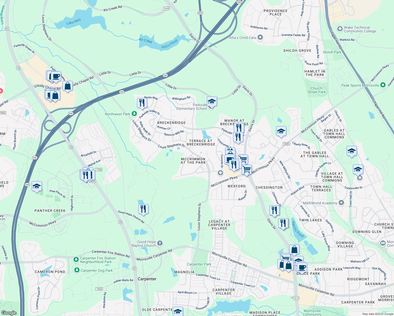 map of restaurants, bars, coffee shops, grocery stores, and more near 112 Marengo Drive in Morrisville