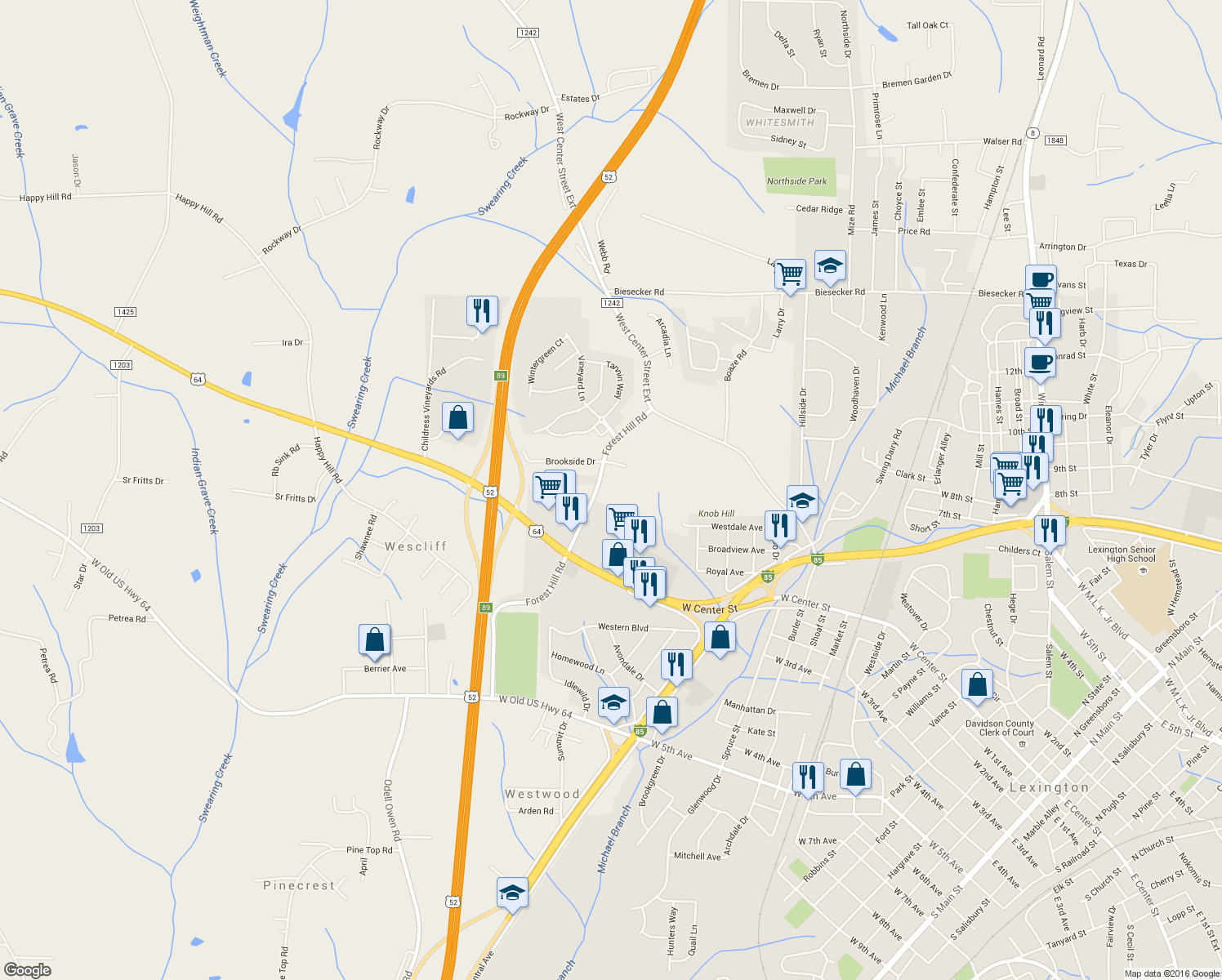map of restaurants, bars, coffee shops, grocery stores, and more near 109 Forest Hill Road in Lexington