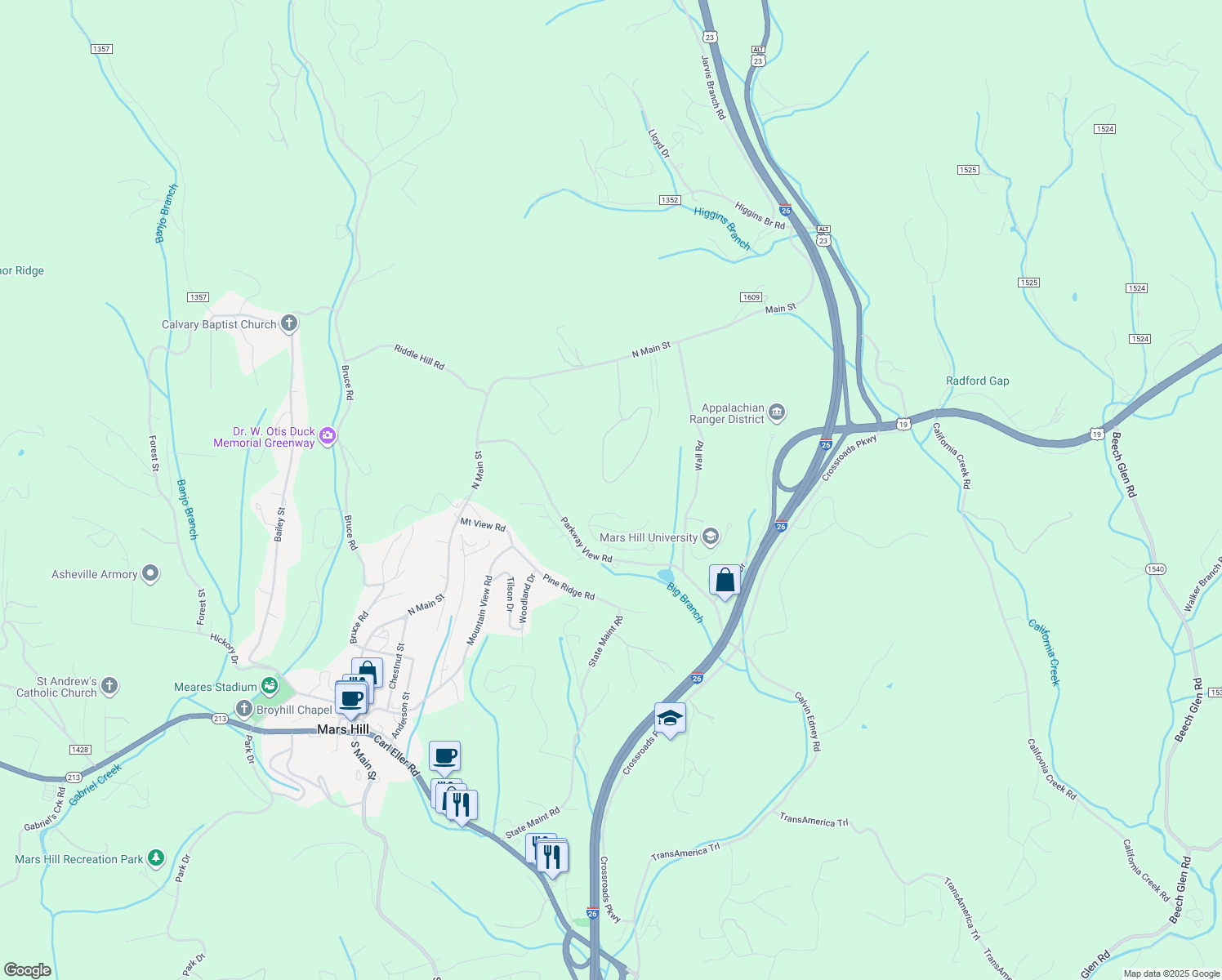 map of restaurants, bars, coffee shops, grocery stores, and more near 535 Oak Lane in Mars Hill