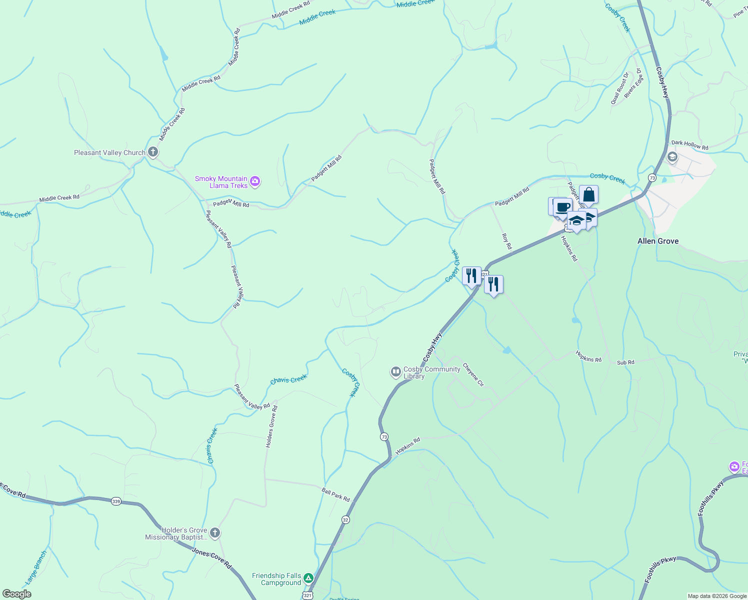 map of restaurants, bars, coffee shops, grocery stores, and more near 3641 Mountain Creek Way in Cosby