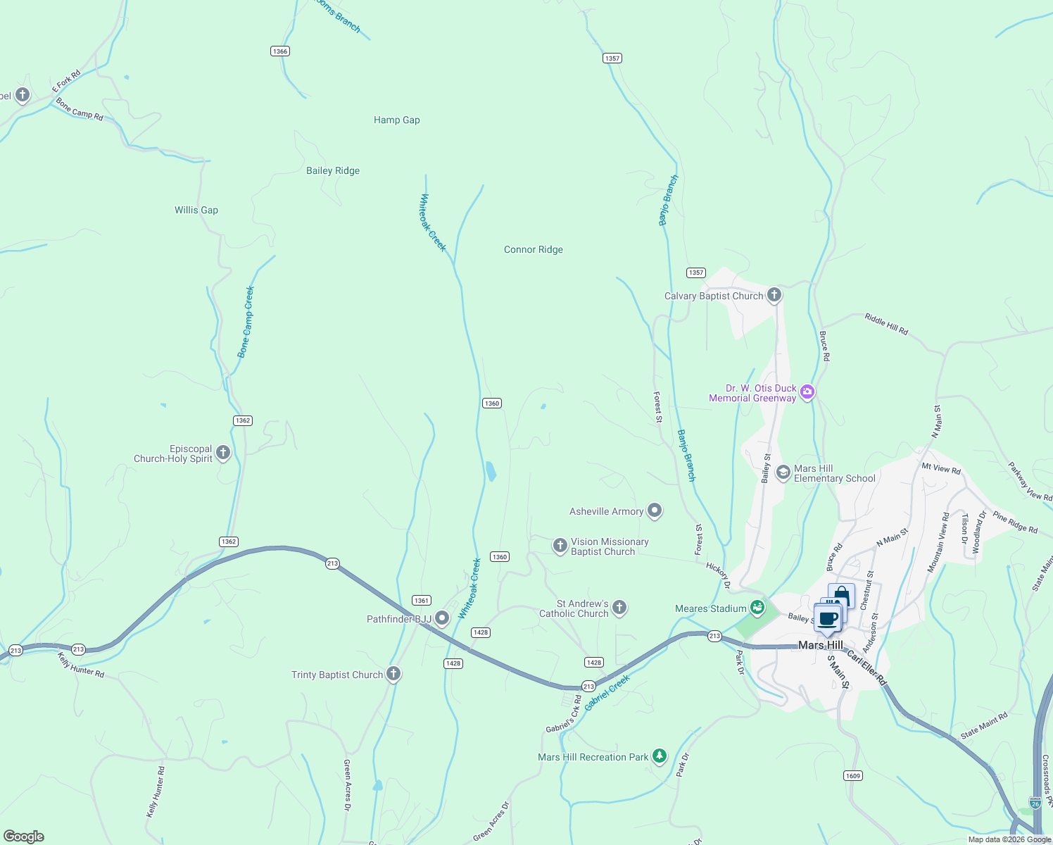 map of restaurants, bars, coffee shops, grocery stores, and more near 574 State Road 1360 in Mars Hill