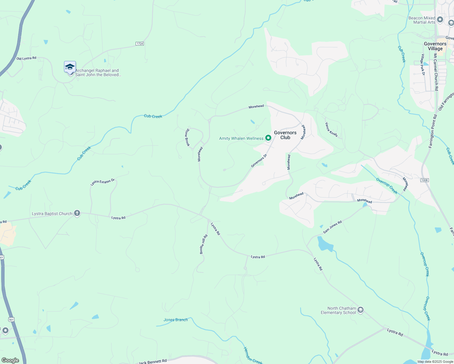 map of restaurants, bars, coffee shops, grocery stores, and more near 11512 Governors Drive in Chapel Hill