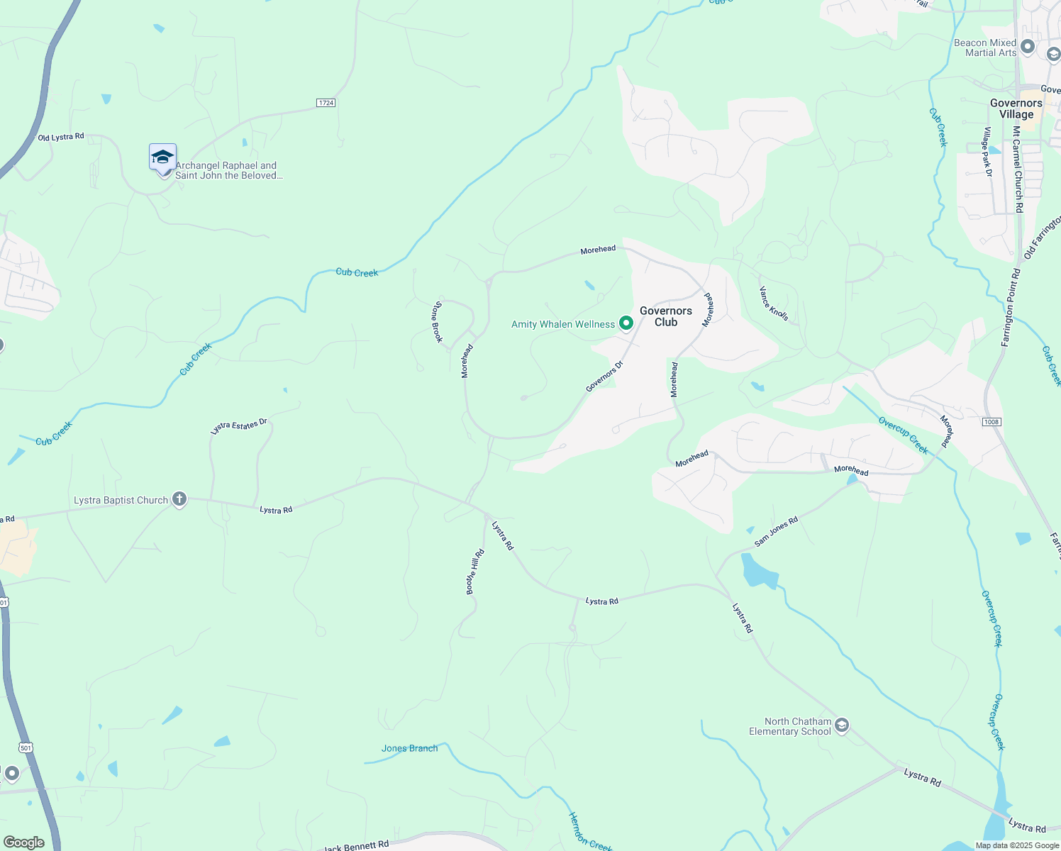 map of restaurants, bars, coffee shops, grocery stores, and more near 11512 Governors Drive in Chapel Hill
