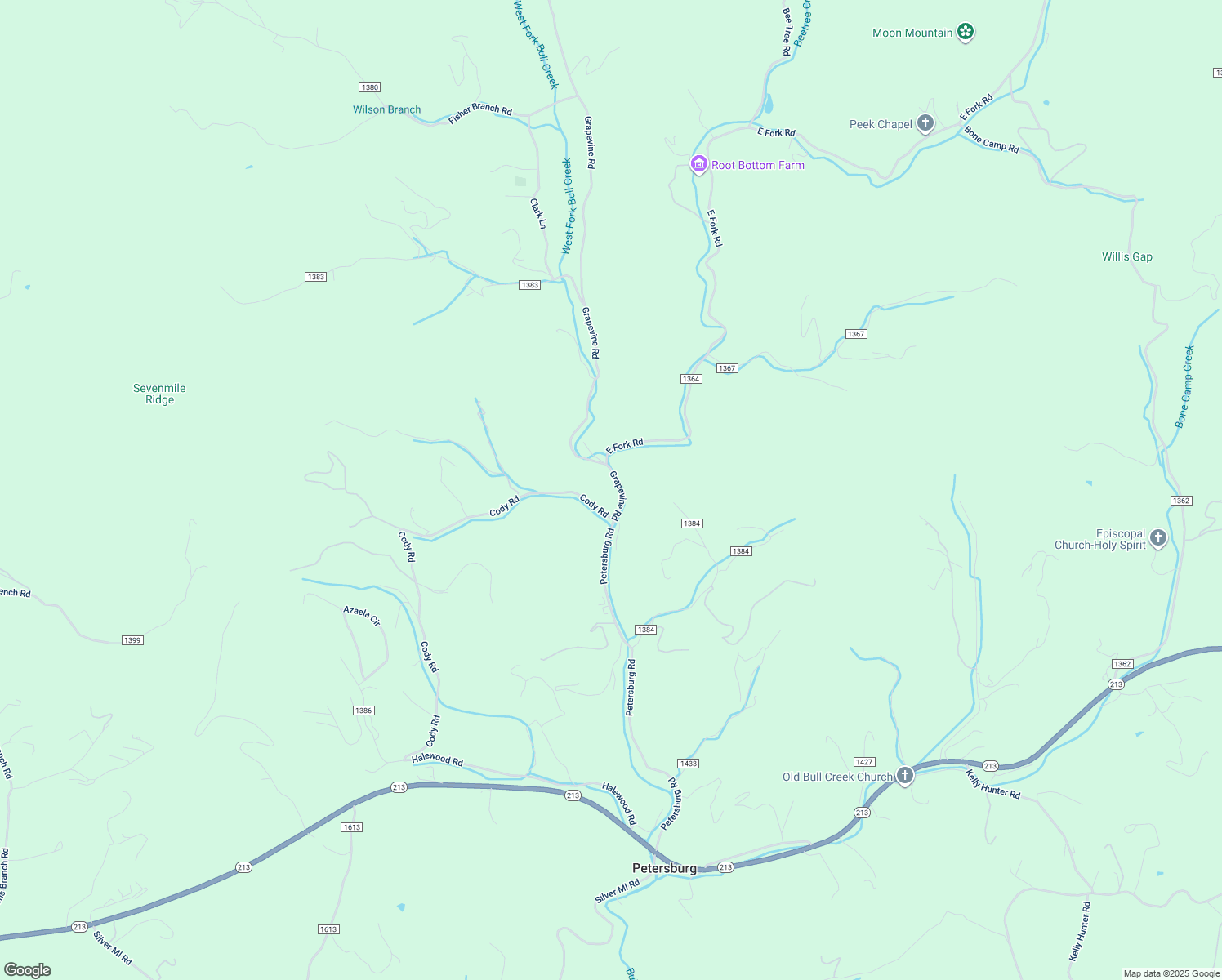 map of restaurants, bars, coffee shops, grocery stores, and more near 1099 Petersburg Road in Marshall