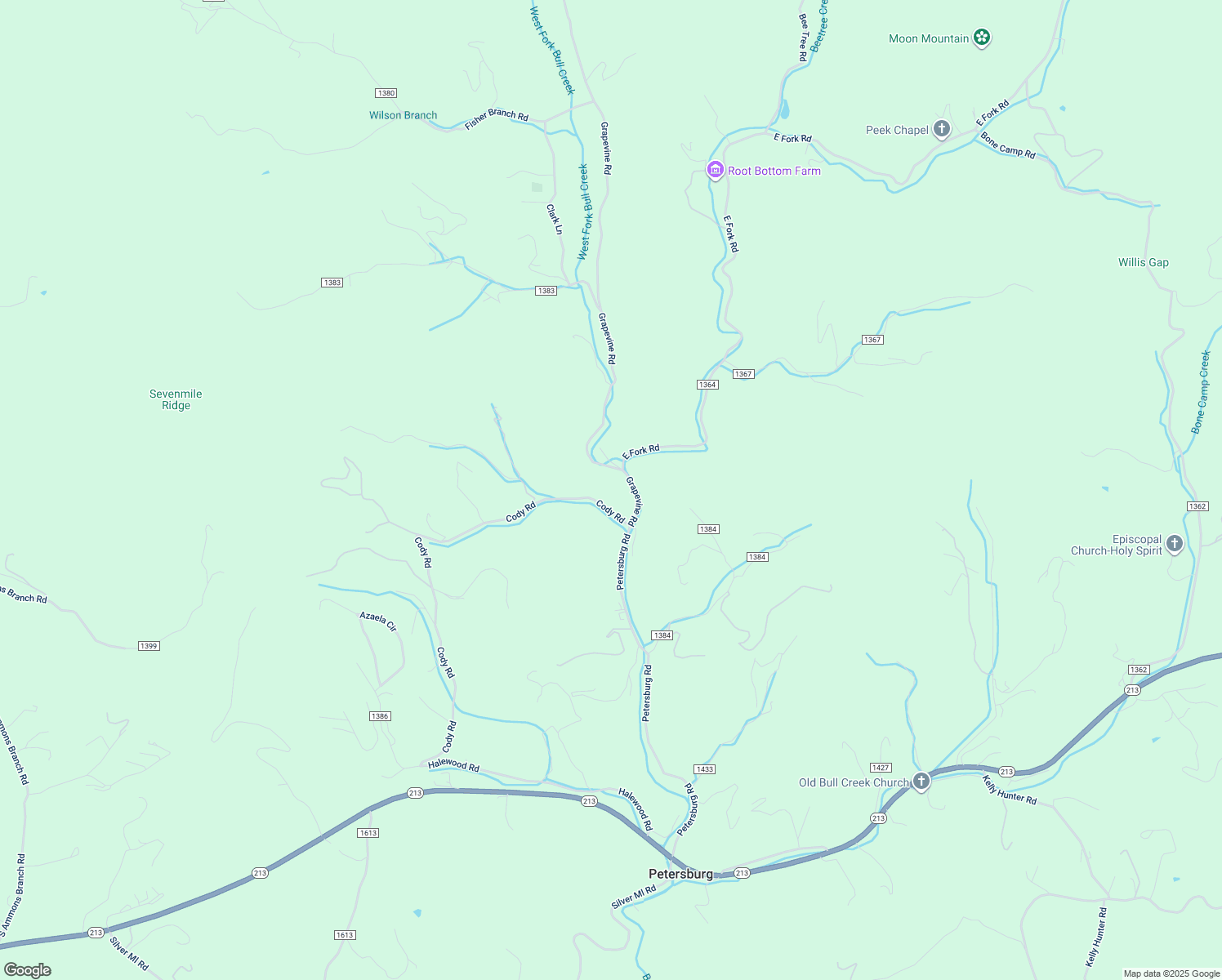 map of restaurants, bars, coffee shops, grocery stores, and more near 1099 Petersburg Road in Marshall