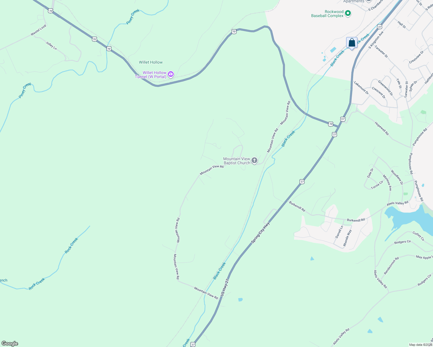 map of restaurants, bars, coffee shops, grocery stores, and more near 1383 Mountain View Road in Rockwood