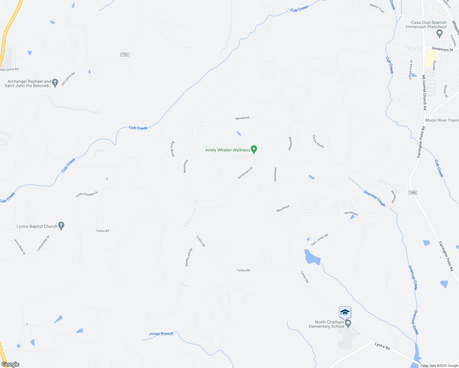 map of restaurants, bars, coffee shops, grocery stores, and more near 11412 Governors Drive in Chapel Hill