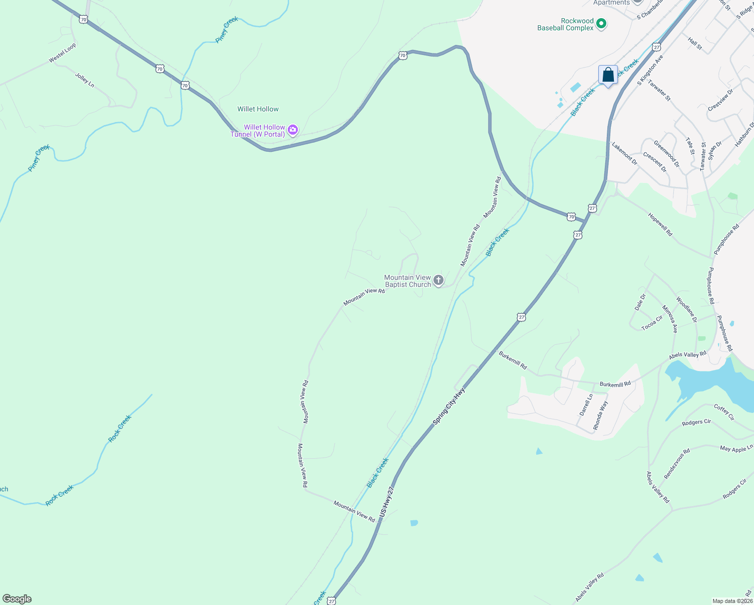 map of restaurants, bars, coffee shops, grocery stores, and more near 1383 Mountain View Road in Rockwood