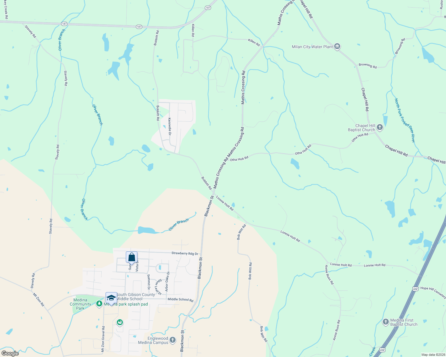map of restaurants, bars, coffee shops, grocery stores, and more near 179 Mathis Crossing Road in Milan