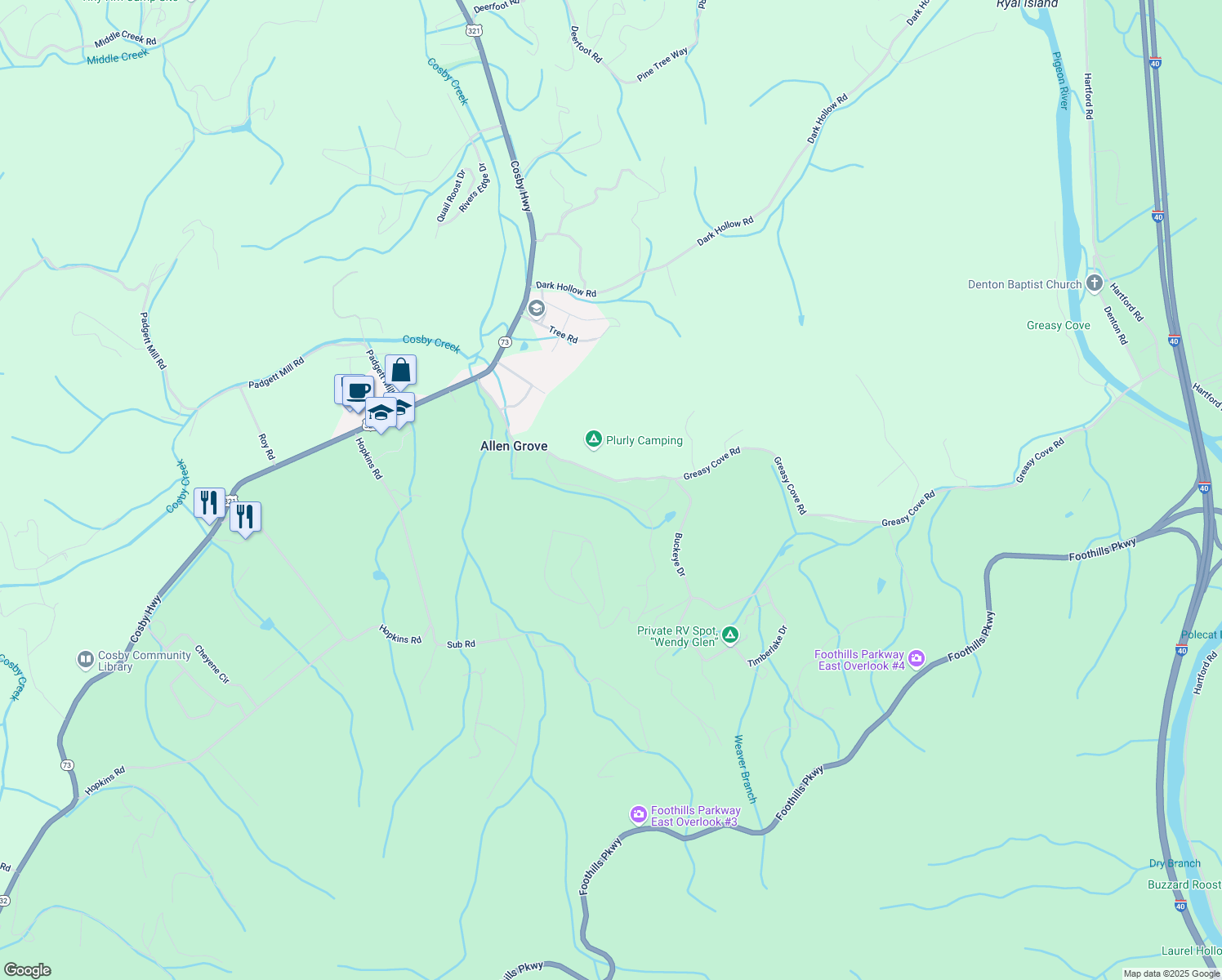map of restaurants, bars, coffee shops, grocery stores, and more near 2480 Perilla Road in Cosby