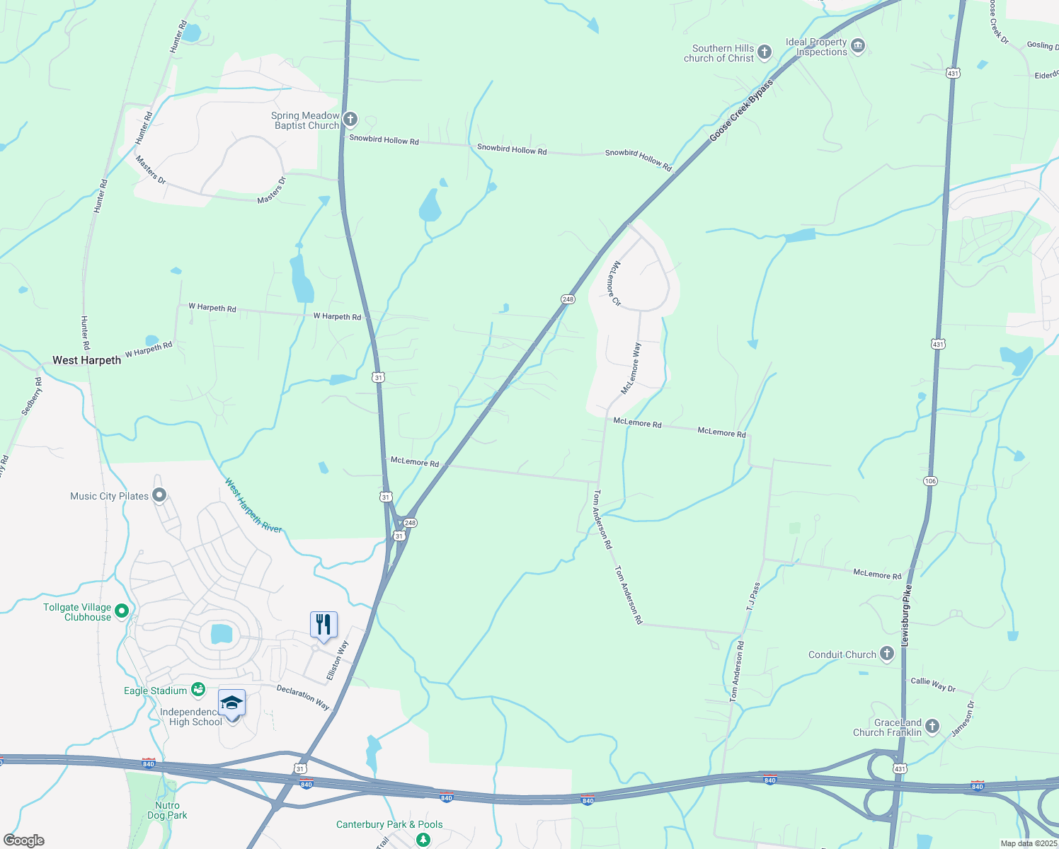 map of restaurants, bars, coffee shops, grocery stores, and more near 2639 Goose Creek Bypass in Franklin